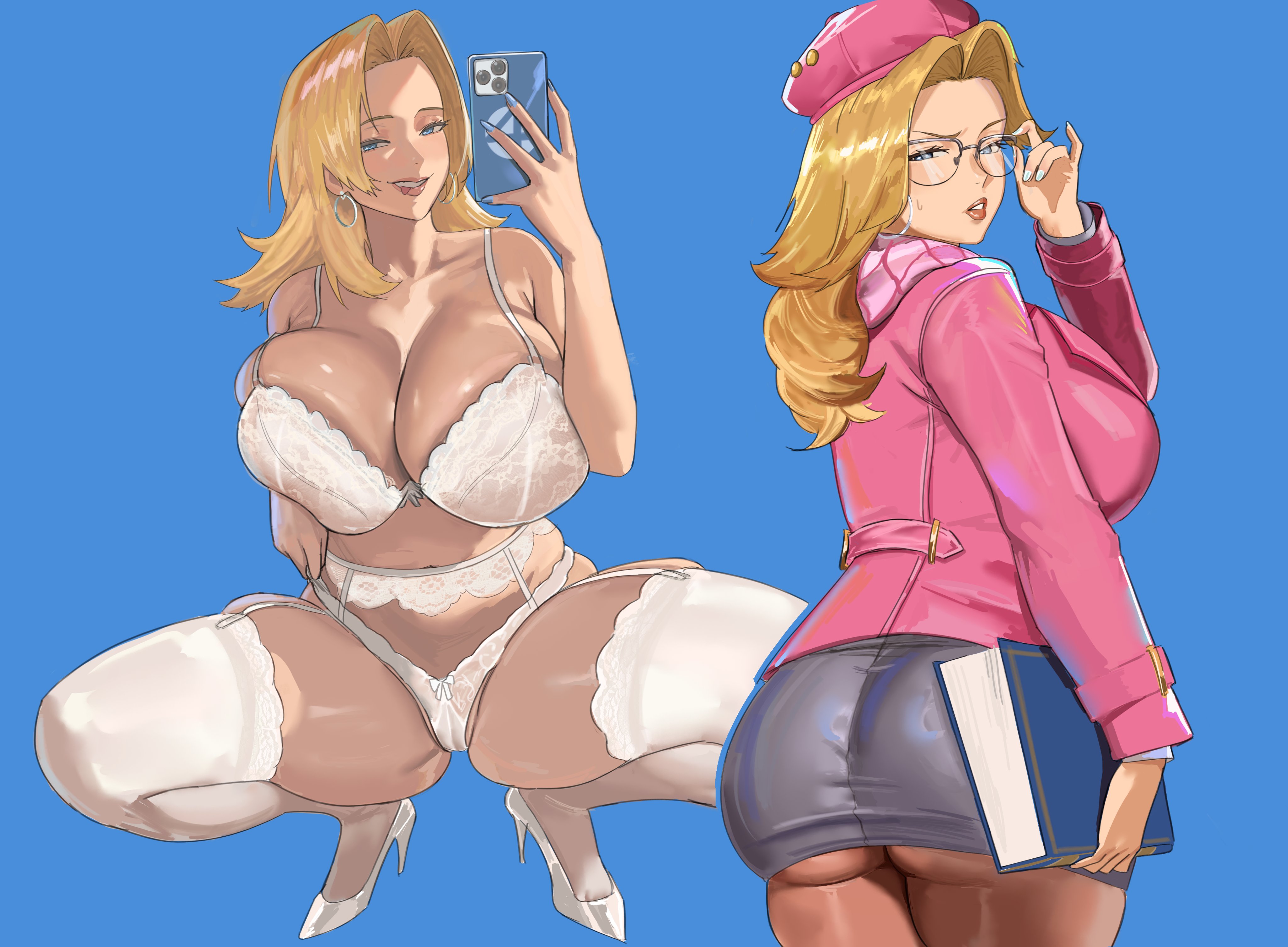 1girls, 2d, ass, big ass, big breasts, blonde, blonde female, blue eyes, book, breasts, casual clothes, caught staring, cleavage, clothed female, empire state university, fantastic four, glasses, holding book, holding object, huge breasts, invisible woman, invisible woman (marvel rivals), invisible woman (riann landau: the debater), large breasts, light skin, light-skinned female, lingerie, long hair, marvel, marvel comics, marvel rivals, mature female, milf, miniskirt, mugi, mugi (mugit49), mugit49, phone, skirt, sue storm, superheroine, thick thighs, white bra, white lingerie, white panties