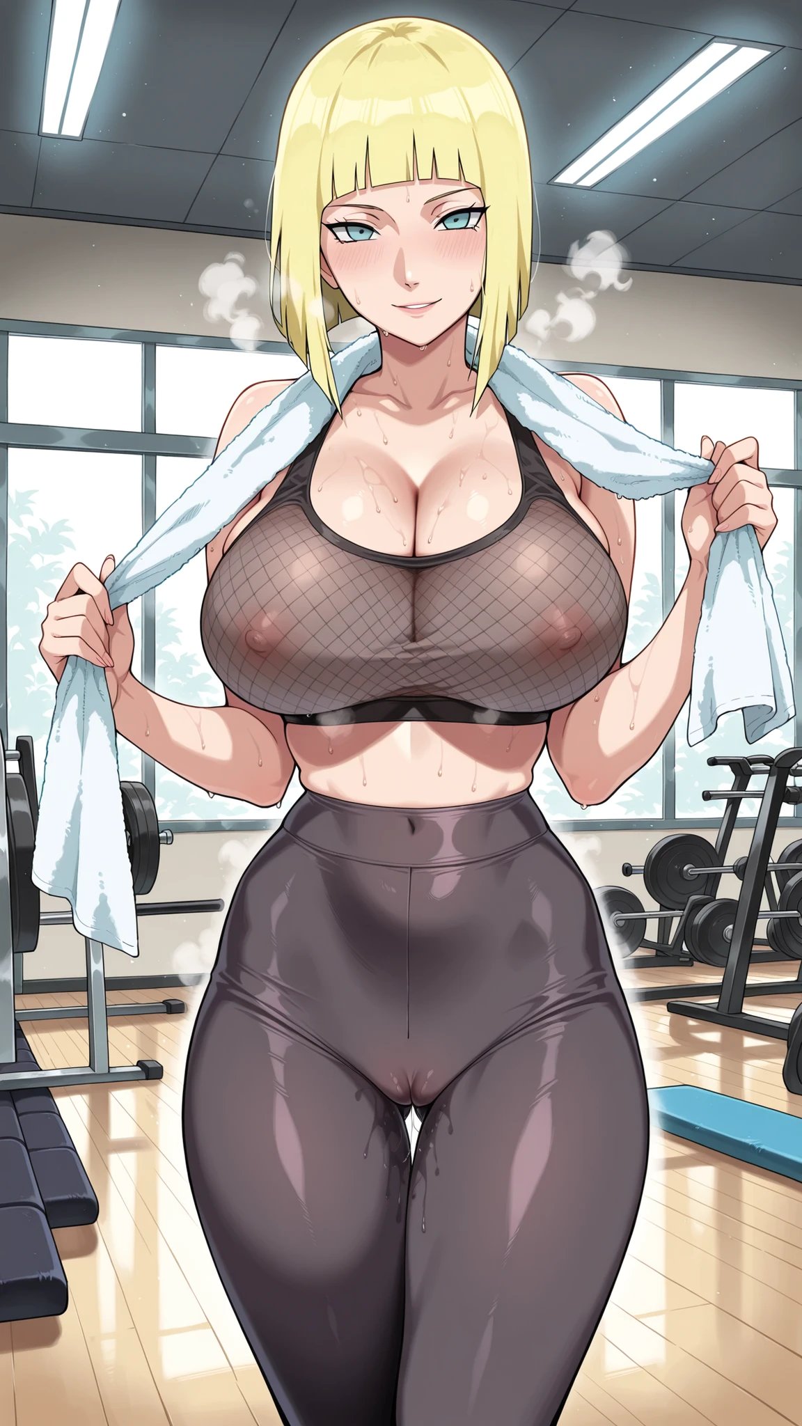 1girls, adapted costume, after exercise, ai generated, alternate costume, big breasts, blonde hair, blunt bangs, blush, bob cut, boruto: naruto next generations, bra, breasts, cowboy shot, female, female only, flashing, flashing breasts, gym, gym clothes, gym storeroom, gym uniform, hourglass figure, huge breasts, human, indoors, leggings, light skin, light-skinned female, mature, mature female, milf, narugirlshot, naruto, naruto (series), naruto shippuden, naruto: the last, no panties, pants, pinup, samui, solo, sports bra, sweat, sweatdrop, teasing, tight pants, towel, towel around neck, underwear, undressing, voluptuous, voluptuous female, walking, walking towards viewer, wide hips, workout clothes