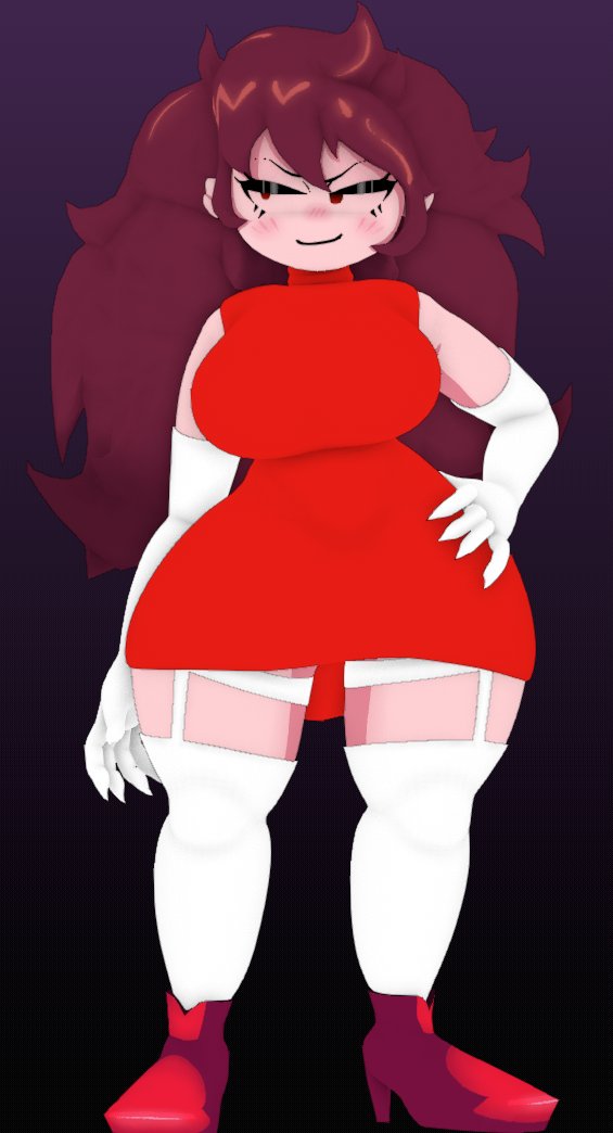 3d, 3d model, blush, breasts, brown hair, dress, elbow gloves, friday night funkin, girlfriend (friday night funkin), gloves, hand on hip, high heels, hourglass figure, long hair, makeup, mean, mean look, ohdelight, red eyes, slim waist, smile, stockings, tagme, thick thighs, tight clothing, voluptuous, white gloves, wide hips