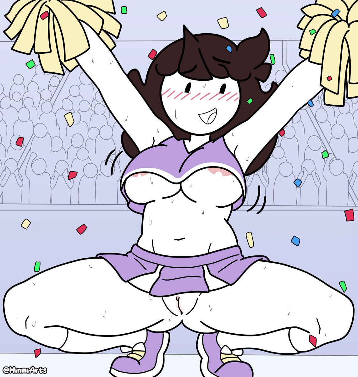 1girls blush blushing breasts brown_hair cheerleader cheerleader_outfit cheerleader_uniform embarrassed female jaiden jaiden_animations jaiden_dittfach jiggling_breasts minmiarts pom_poms pussy pussy_showing shoes skirt solo undercleavage upskirt white_skin
