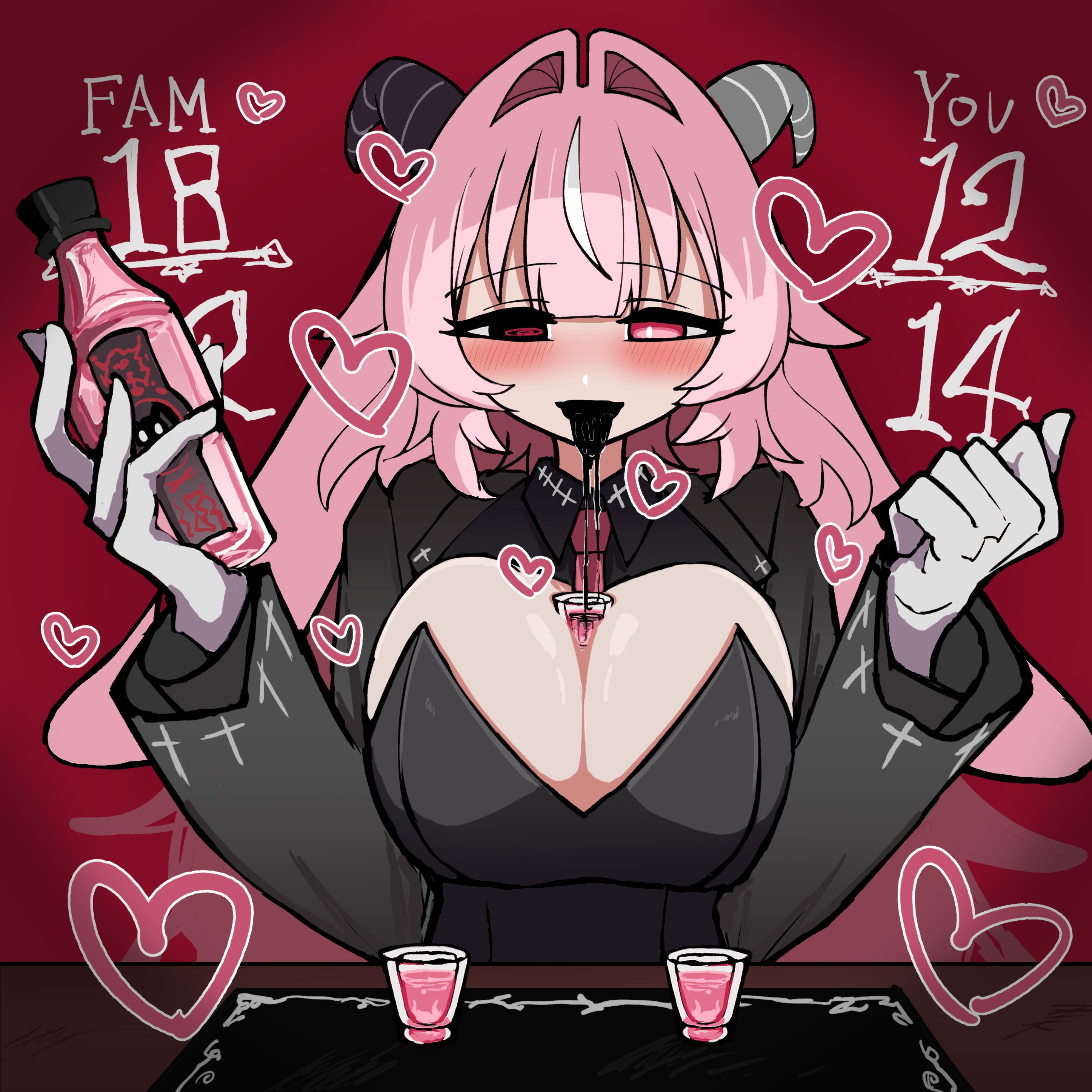 , 1girls, big breasts, color, drunken goddess reflux, english text, female, female focus, female only, femme soule, grey eyes, heart, heterochromia, kamoikoto, light skin, pink eyes, pink hair, pressing breasts together, pukey goddess shot trick, text, twitter link