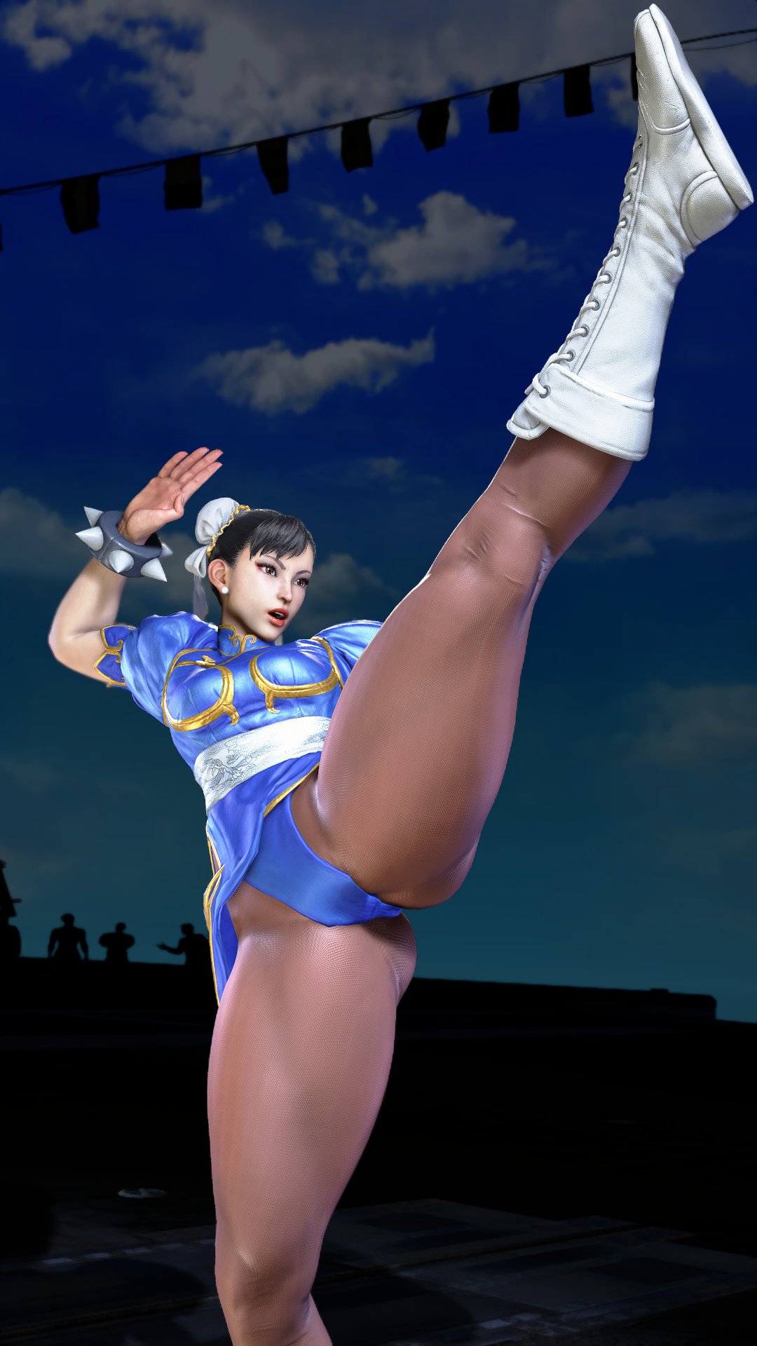 1girl 1girls 3d black_hair boots bracelet brown_eyes bun_cover china_dress chinese_clothes chun-li clothing double_bun dress earrings female female_only hair_bun high_kick jewelry kicking legs lipstick makeup open_mouth panties pantyhose pelvic_curtain sash solo solo_female spiked_bracelet spikes street_fighter street_fighter_6 street_fighter_ii thick_thighs thighs underwear