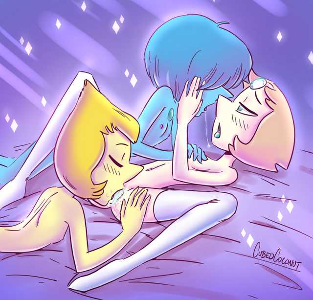 3girls, after kiss, alien, alien girl, alien humanoid, bed, blue eyes, blue hair, blue pearl (steven universe), blue skin, blush, breasts, cartoon network, cubedcoconut, cunnilingus, eyes closed, female, female only, flat chest, gem, gem (species), hair over eyes, half-closed eyes, multiple females, multiple girls, oral, pearl (steven universe), pink hair, saliva, saliva string, saliva trail, short hair, skinny, small breasts, steven universe, stockings, thighhighs, threesome, white skin, yellow hair, yellow pearl (steven universe), yellow skin, yuri