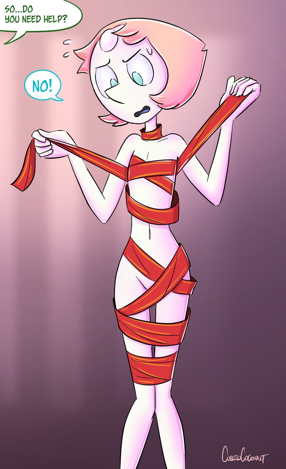 1girls, blue eyes, bondage, breasts, cubedcoconut, english text, female, flat chested, gem, pearl (steven universe), purple background, ribbon, ribbon bondage, short hair, skinny, small breasts, speech bubble, steven universe, sweat, text, tied up, white hair, white skin