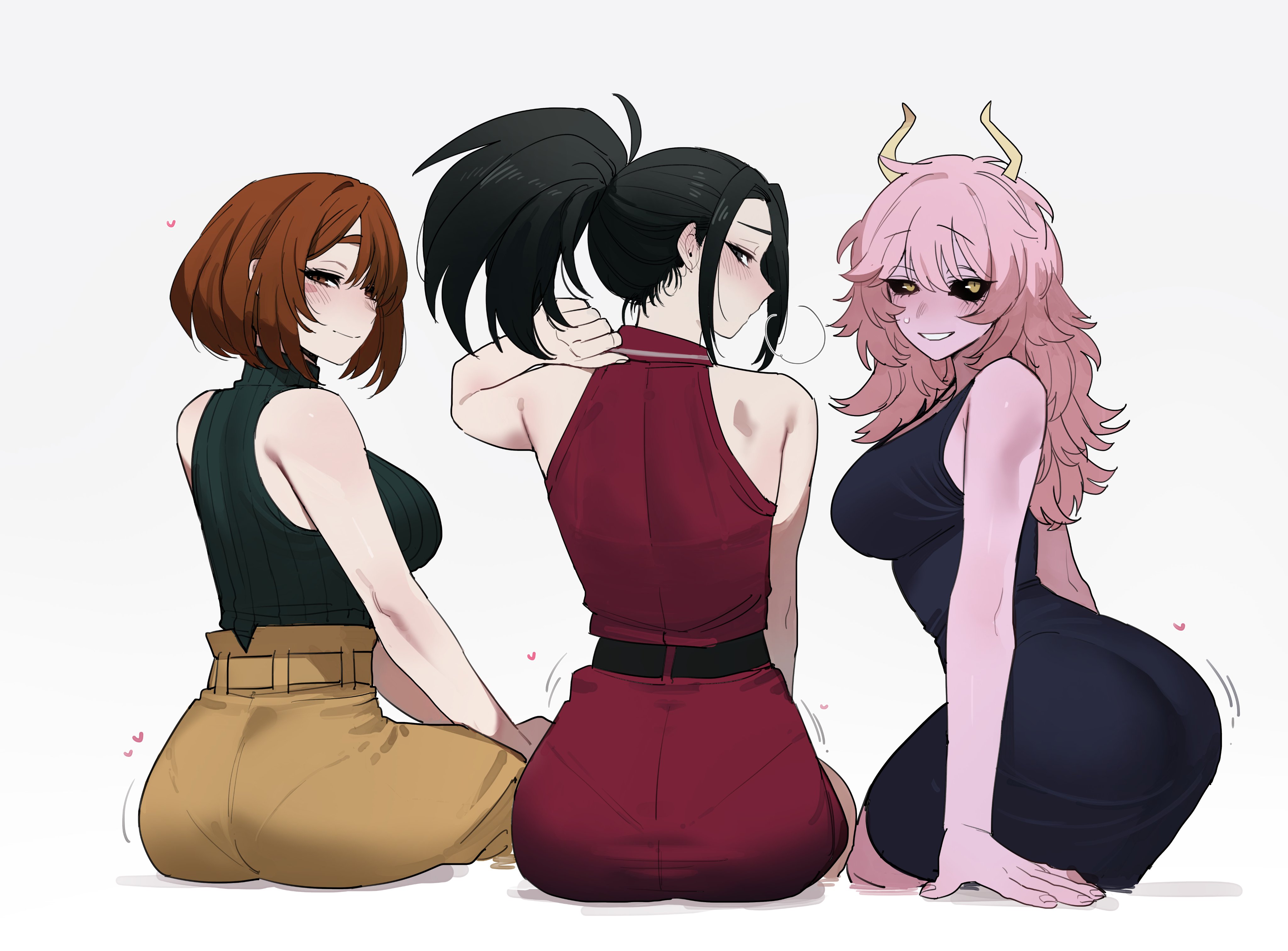 3girls, black eyes, black hair, black sclera, blush, boku no hero academia, brown eyes, brown hair, dress, female, female only, horns, looking back at viewer, mina ashido, momo yaoyorozu, my hero academia, my hero academia (finale), ochako uraraka, pantylines, pink body, pink hair, ponytail, post-timeskip, ratatatat74, short hair, skirt, sleeveless, yellow eyes