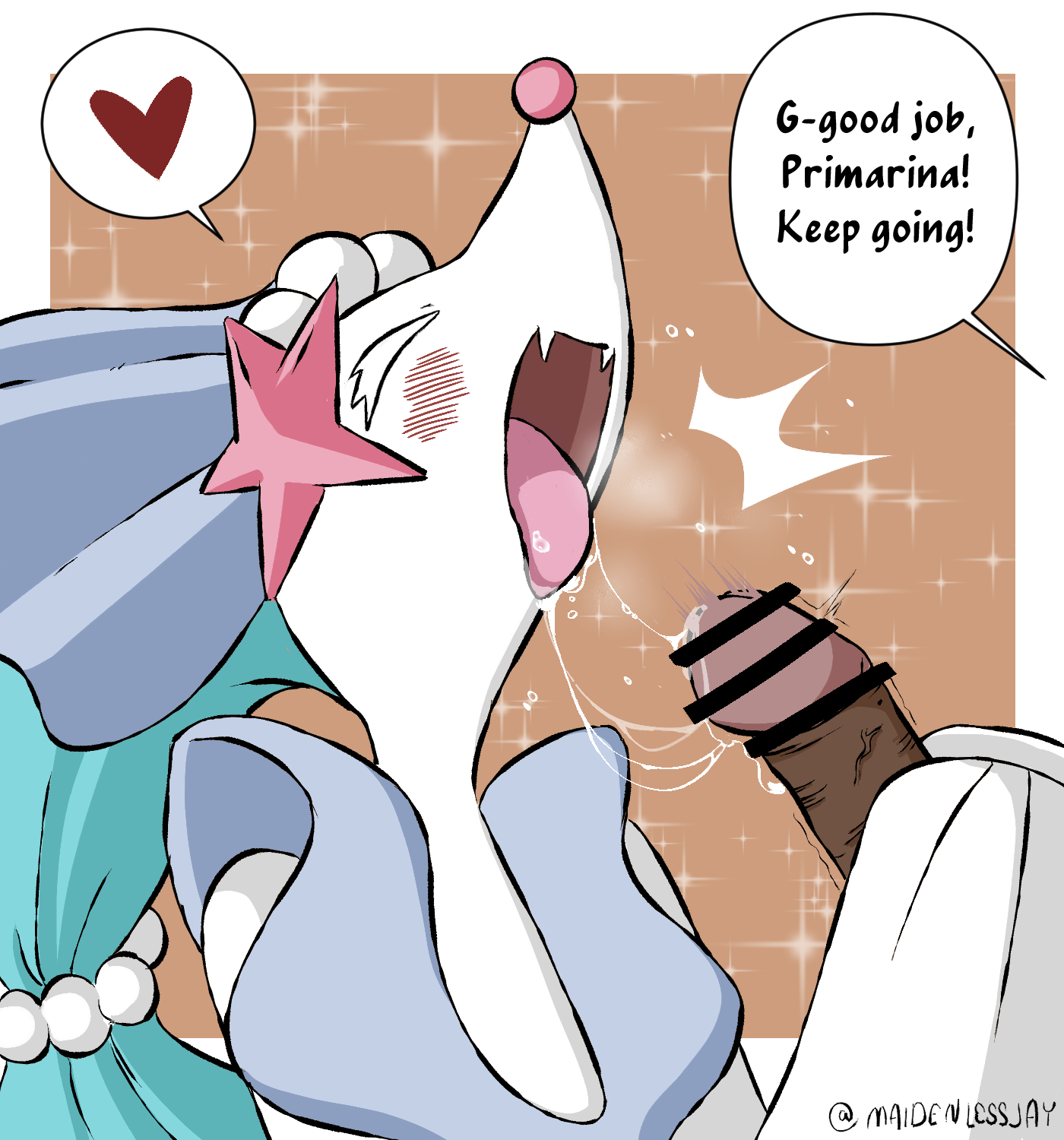 1boy, 1girls, blowjob, blush, fellatio, female, interspecies, maidenlessjay, nintendo, oral, penis, pokemon, pokemon (species), pokemon focus, pokemon sm, pokephilia, primarina