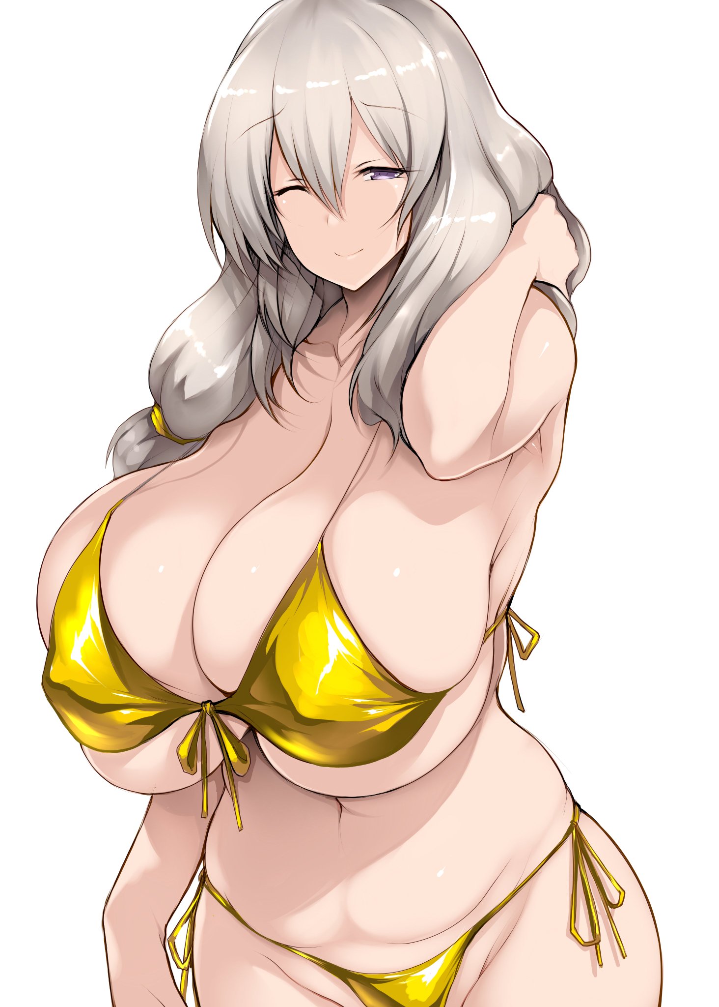 1girls, apron, ass, big breasts, blush, breasts, breasts bigger than head, closed eyes, closed eyes smile, closed mouth, female, female focus, female only, gigantic breasts, golden week, grey hair, hourglass figure, huge breasts, large breasts, light skin, light-skinned female, long hair, massive breasts, mature, mature female, milf, nude, smile, thick, thick ass, thick legs, thick thighs, thighhighs, thighs, tsukasawa takamatsu, tukasawa02, uzaki tsuki, uzaki-chan wa asobitai!, voluptuous