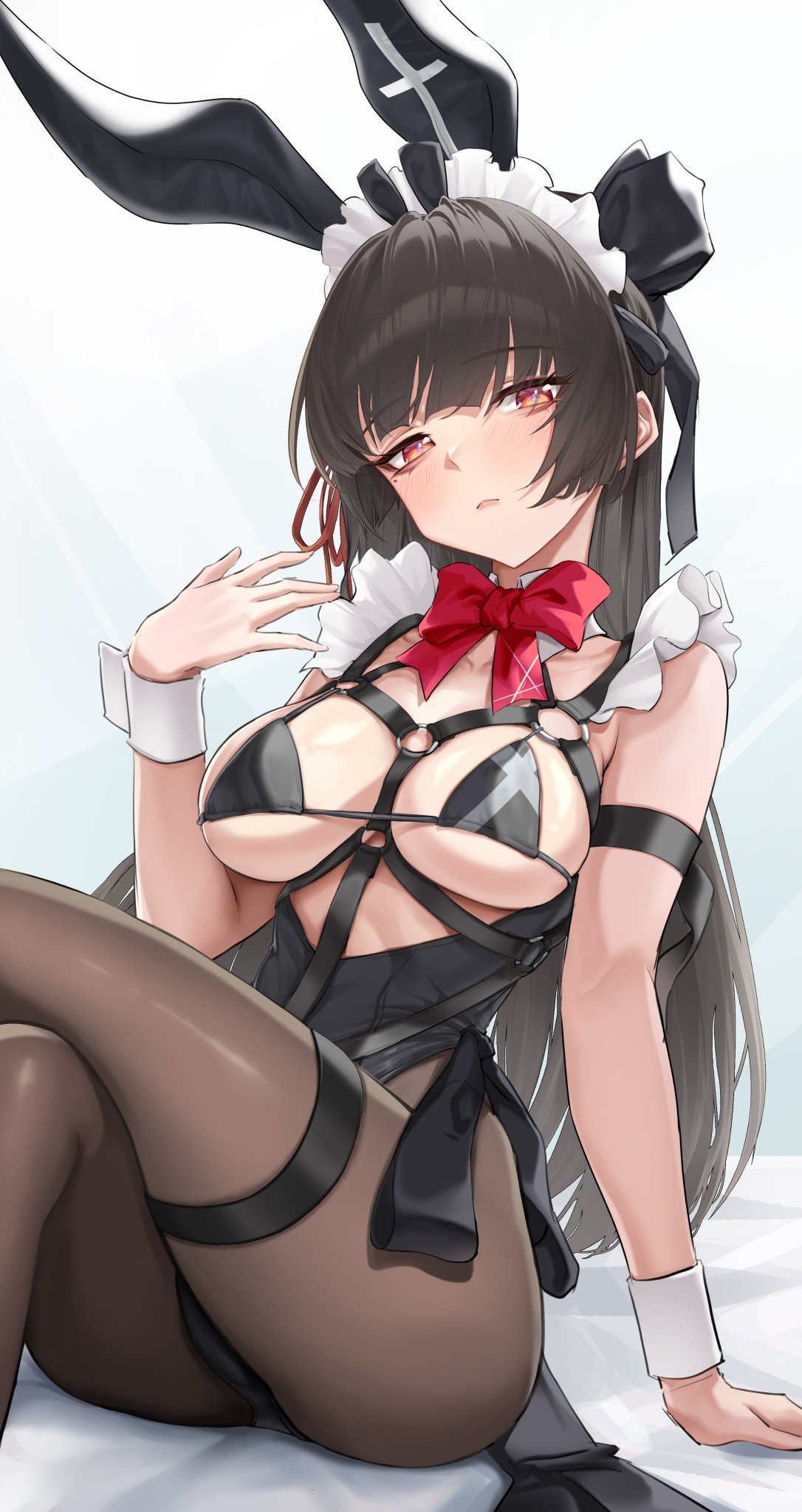 1girls, birkai, black bunny ears, black bunnysuit, black hair, breasts, brown pantyhose, bunny ears, bunnysuit, chisa (wuthering waves), exposed breasts, female, long hair, medium breasts, pantyhose, red eyes, red eyes female, sitting, sitting on ground, wuthering waves
