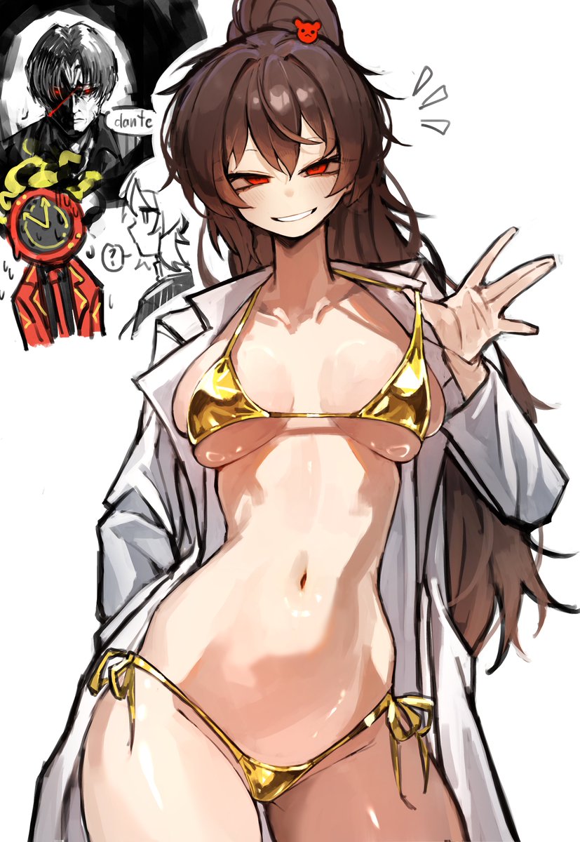 2boys, 2boys2girls, 2girls, 2girls2boys, belly, belly button, big breasts, breasts, brown hair, carmen (lobotomy corporation), child bearing hips, coat, coat only, collarbone, dante (limbus company), faust (limbus company), female, female focus, golden bikini, golden week, labcoat, limbus company, lobotomy corporation, long hair, looking at viewer, male, male/female, medium breasts, micro bikini, project moon, red eyes, sexy female, shigezie, shiny skin, smile, smiling, smiling at viewer, smooth skin, solo focus, stomach, string bikini, string bikini bottom, string panties, sweat, sweatdrop, sweating, sweaty, sweaty body, sweaty breasts, tagme, thick, thick hips, thick legs, thick thighs, thighs, vergilius (limbus company)