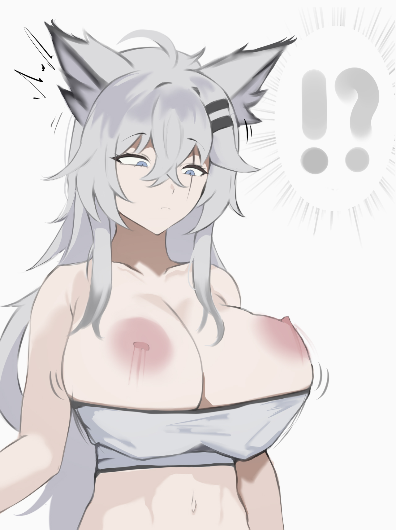 !?, 1girls, arknights, breasts, lappland (arknights), nipples, solo, wardrobe malfunction, wolf ears, wolf girl