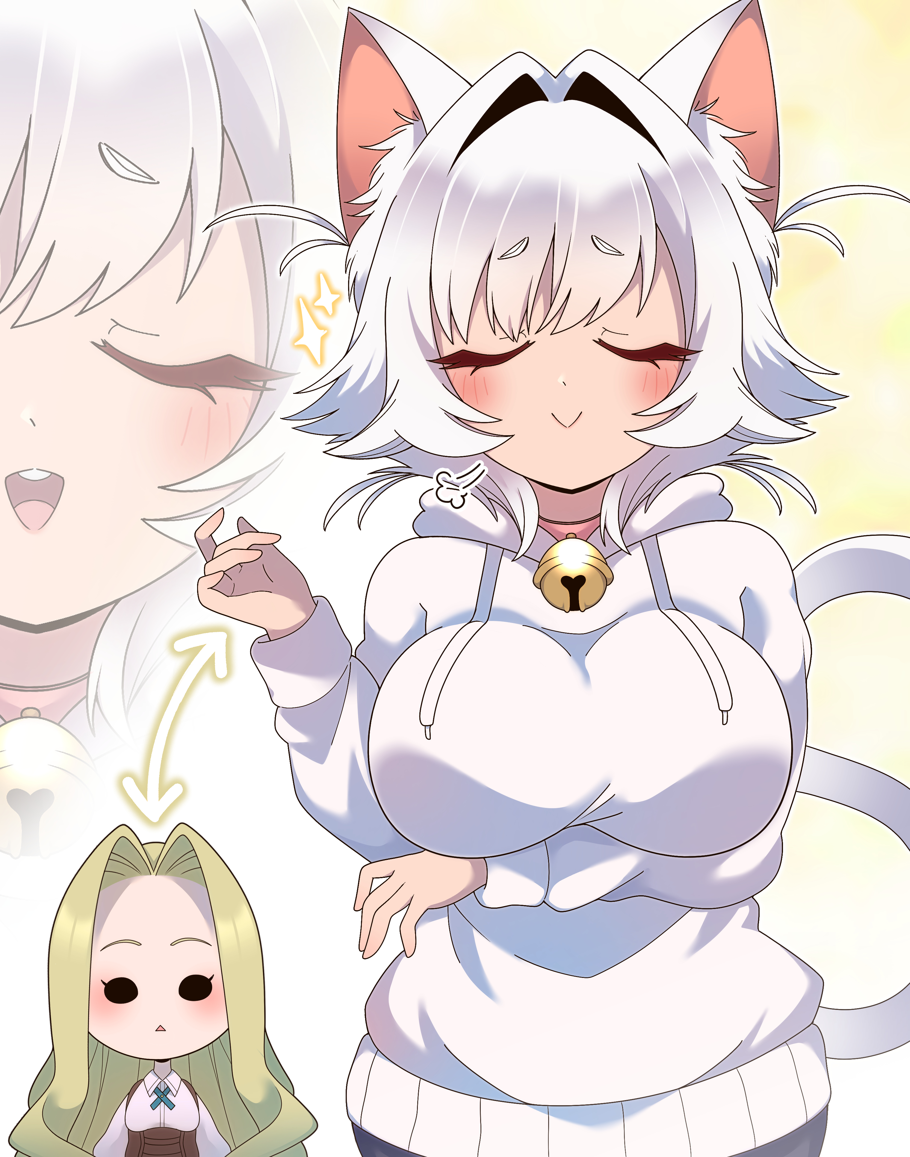 :>, :d, 2girls, absurdres, animal ear fluff, animal ears, arm under breasts, arrow (symbol), bell, blonde hair, blush, body switch, breasts, cat ears, cat girl, cat tail, chibi, chibi inset, closed eyes, collar, commentary request, drawstring, english commentary, erigo, erigod71, facing viewer, hair intakes, highres, hood, hood down, hoodie, jacket, jingle bell, kimi no koto ga dai dai dai dai daisuki na 100-nin no kanojo, large breasts, long sleeves, mixed-language commentary, multiple girls, neck bell, nekonari tama, open clothes, open jacket, personality switch, pink collar, puff of air, smile, solid oval eyes, sparkle, tail, utsukushisugi mimimi, white hair, white hoodie, zoom layer