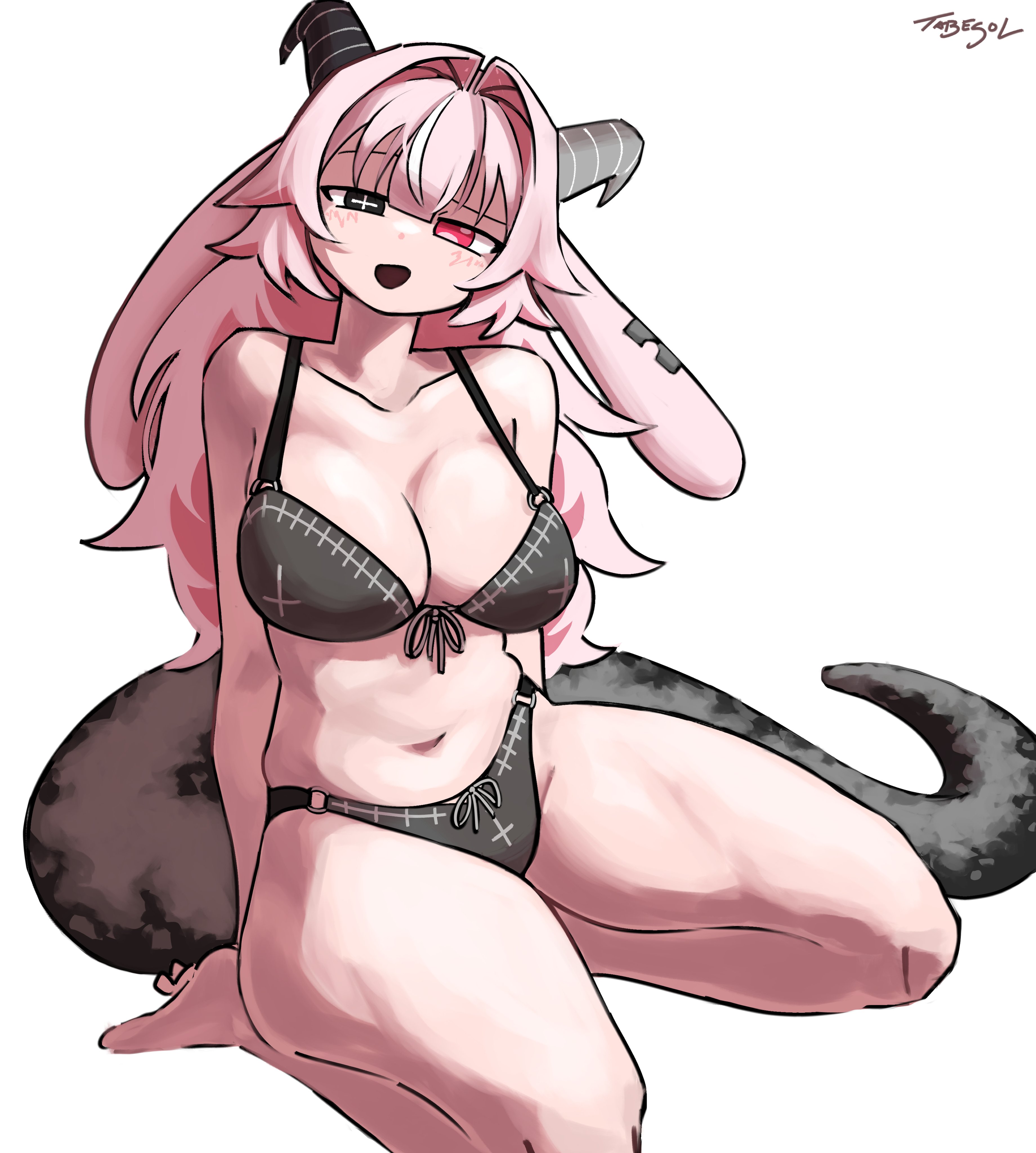 :d, 1girl, absurdres, asymmetrical horns, backward-facing horns, bikini, black bikini, black mouth, breasts, curvy, demon girl, drunken goddess reflux, female, female only, femme soule, goat horns, heterochromia, highres, horned headphones, horns, large breasts, legs apart, looking at viewer, mismatched horns, pink eyes, pink hair, pukey goddess shot trick, sitting, snake tail, solo, swimsuit, tabesol, tail, thick thighs, wide hips