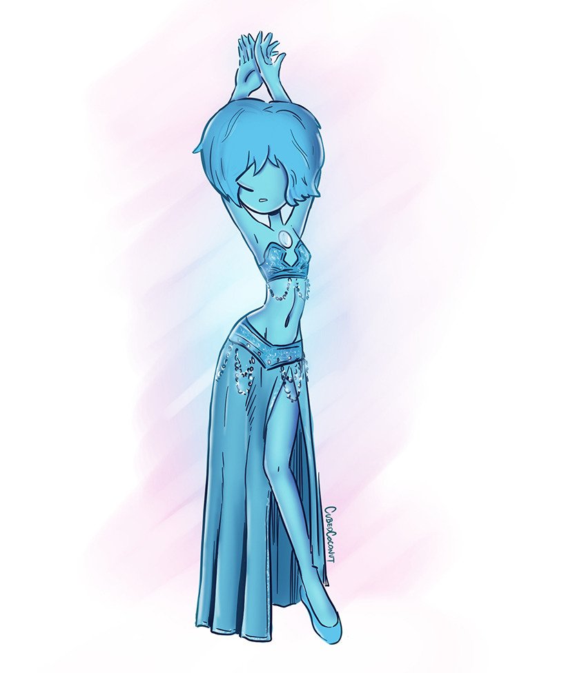 1girls, arabian clothes, arms up, belly dancer, belly dancer outfit, blue hair, blue pearl (steven universe), blue skin, cubedcoconut, female, gem, hair over eyes, harem outfit, leaning to the side, long skirt, navel, short hair, skinny, skirt, steven universe