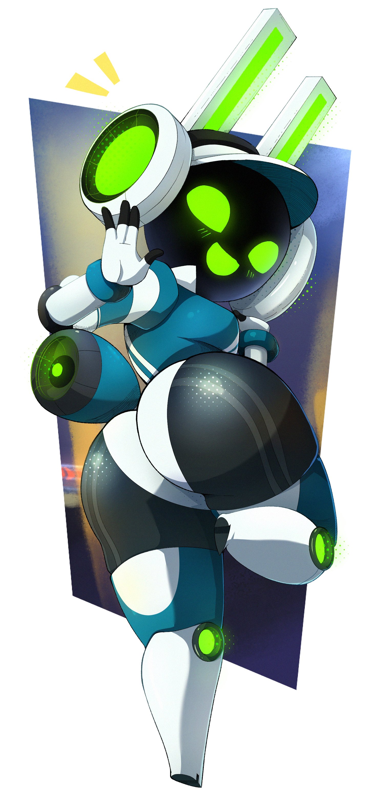 ass, ass focus, back view, blush, bodysuit, breasts, bunny ears, bunny tail, glowing eyes, green eyes, headgear, looking at viewer, looking back, project turboblast, redaix, robot, robot girl, robot humanoid, screen face, slim waist, smile, stockings, tagme, tempo (project turboblast), thick thighs, tight clothing, viewed from behind, waving, wide hips