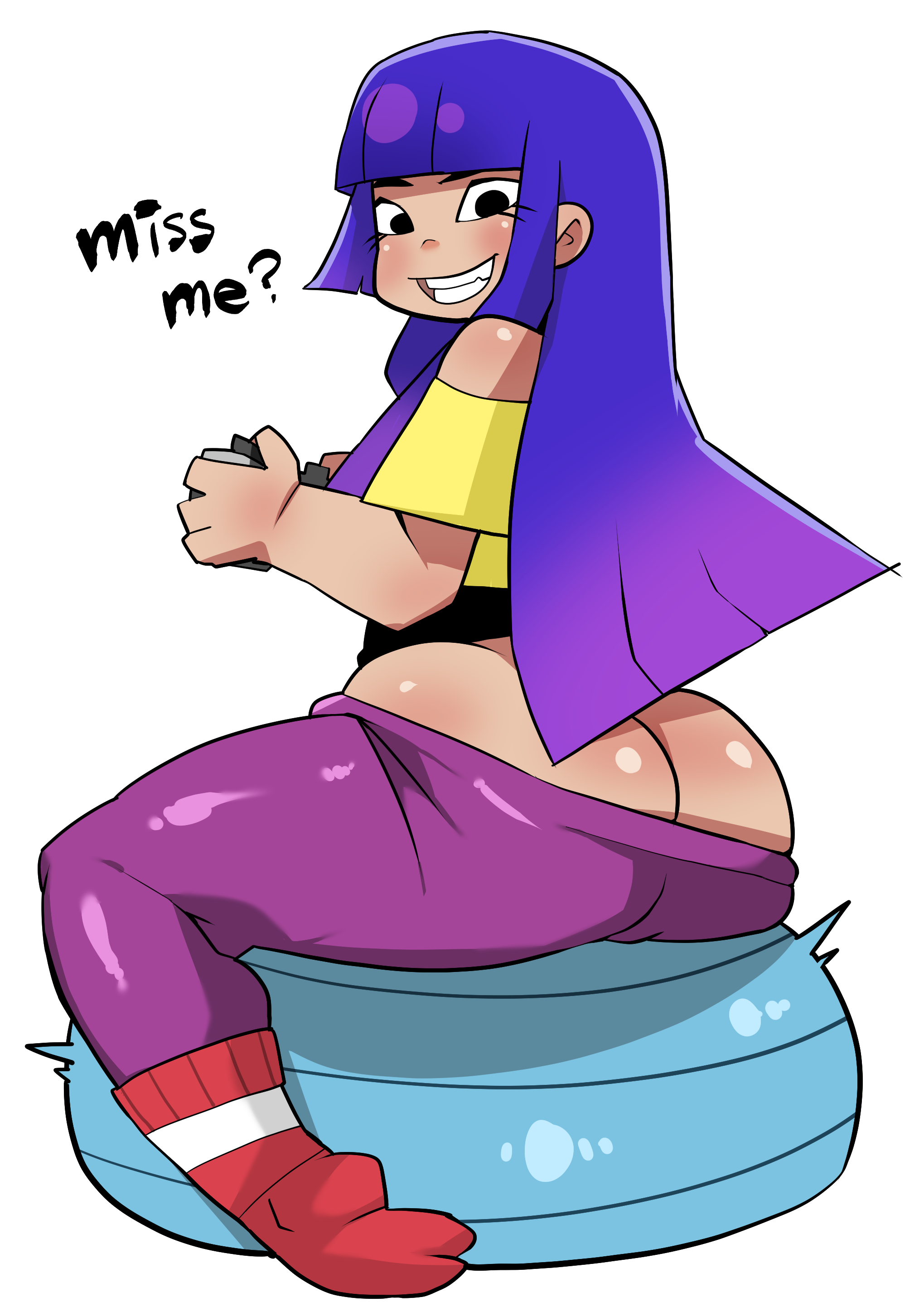1girls, asian, ass, black eyes, clothing, english text, exercise ball, female, female only, glitch techs, gradient hair, human, long hair, looking at viewer, looking back, looking back at viewer, miko kubota, multicolored hair, nickelodeon, pants, pants down, purple hair, purple pants, red socks, shiny skin, socks, solo, ssstation05, tan body, text, very long hair, white background, yoga ball