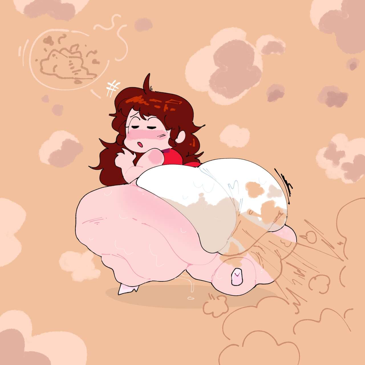 auburn hair, big ass, big thighs, blush, blushing, fart, fart cloud, fart fetish, farting, fat, fat ass, fat fetish, fat thighs, friday night funkin, girlfriend (friday night funkin), moonoatmeal, red dress, scat, shart, sharting, shitting, soiling, sweat, sweating