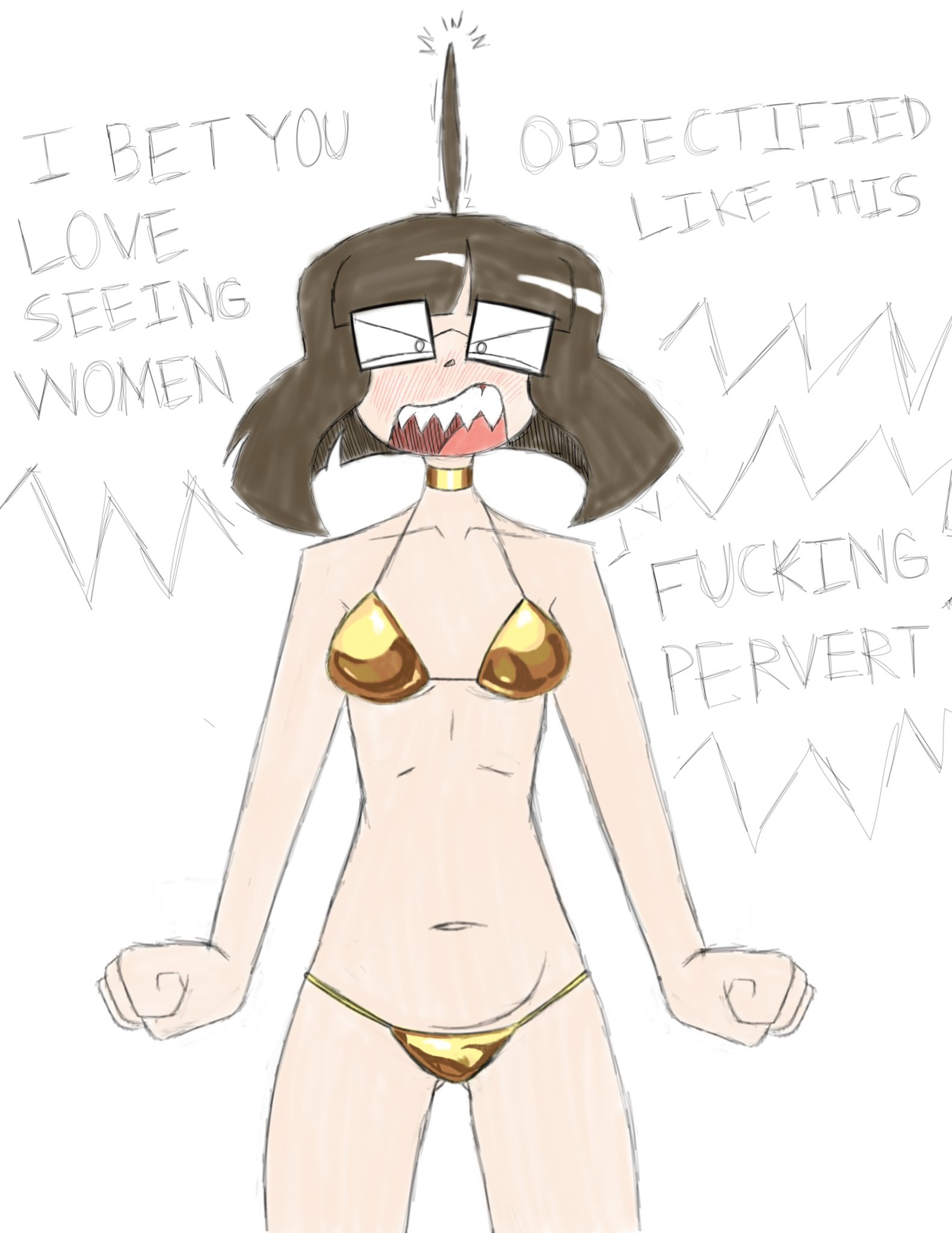 , 1girls, bikini, blush, brown hair, color, dialogue, english text, ethicalgooner2007 (kryptraider), female, female focus, female only, femcel, feminist, glasses, golden bikini, human, human only, internet controversy, light skin, looking at viewer, open mouth, original, sharp teeth, simple background, talking to viewer, text, twitter, twitter link, waffleiswise, white background