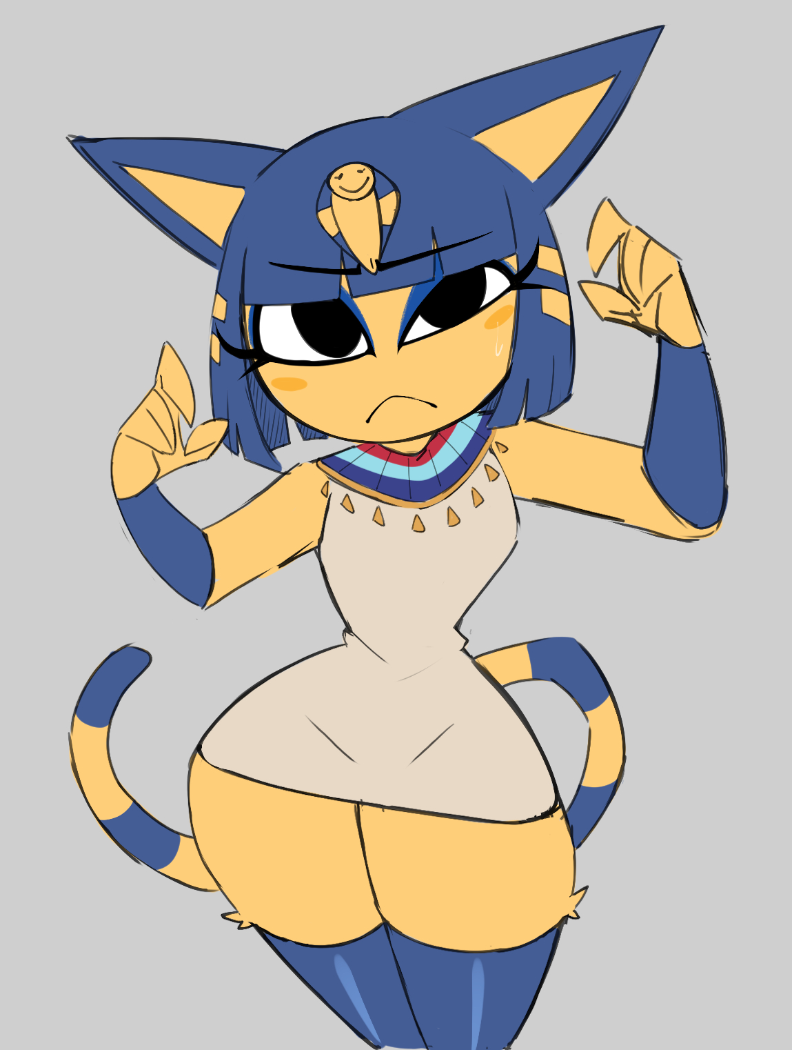 animal crossing, ankha, arms up, blue hair, blush, breasts, cat ears, cat girl, cat tail, dress, hands-free, looking at viewer, makeup, neckwear, nelljoestar, short hair, slim waist, small breasts, stockings, tagme, thick thighs, tight clothing, voluptuous, wide hips, yellow fur