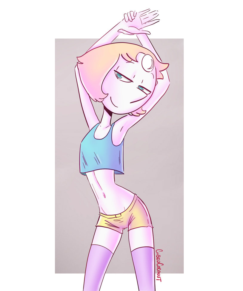 armpits, arms up, bedroom eyes, clothed, crop top, cubedcoconut, female, flat chested, pearl (steven universe), posing, seductive, short shorts, steven universe, thighhighs