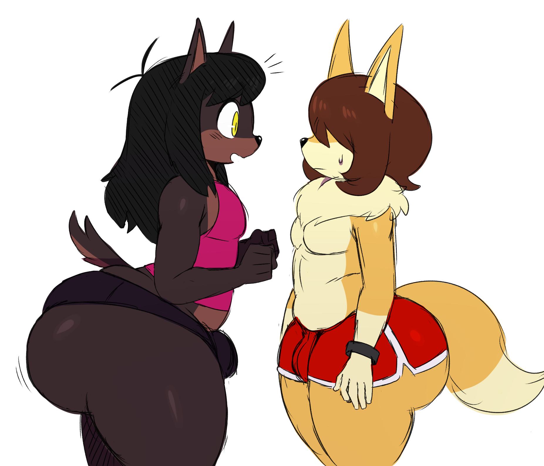 ass, black hair, booty shorts, brown fur, brown hair, bulge, doberman, femboy, fox, huge ass, lucas (sssonic2), male, no humans, shirtless, sssonic2, thick thighs, underwear, wide hips, yellow eyes