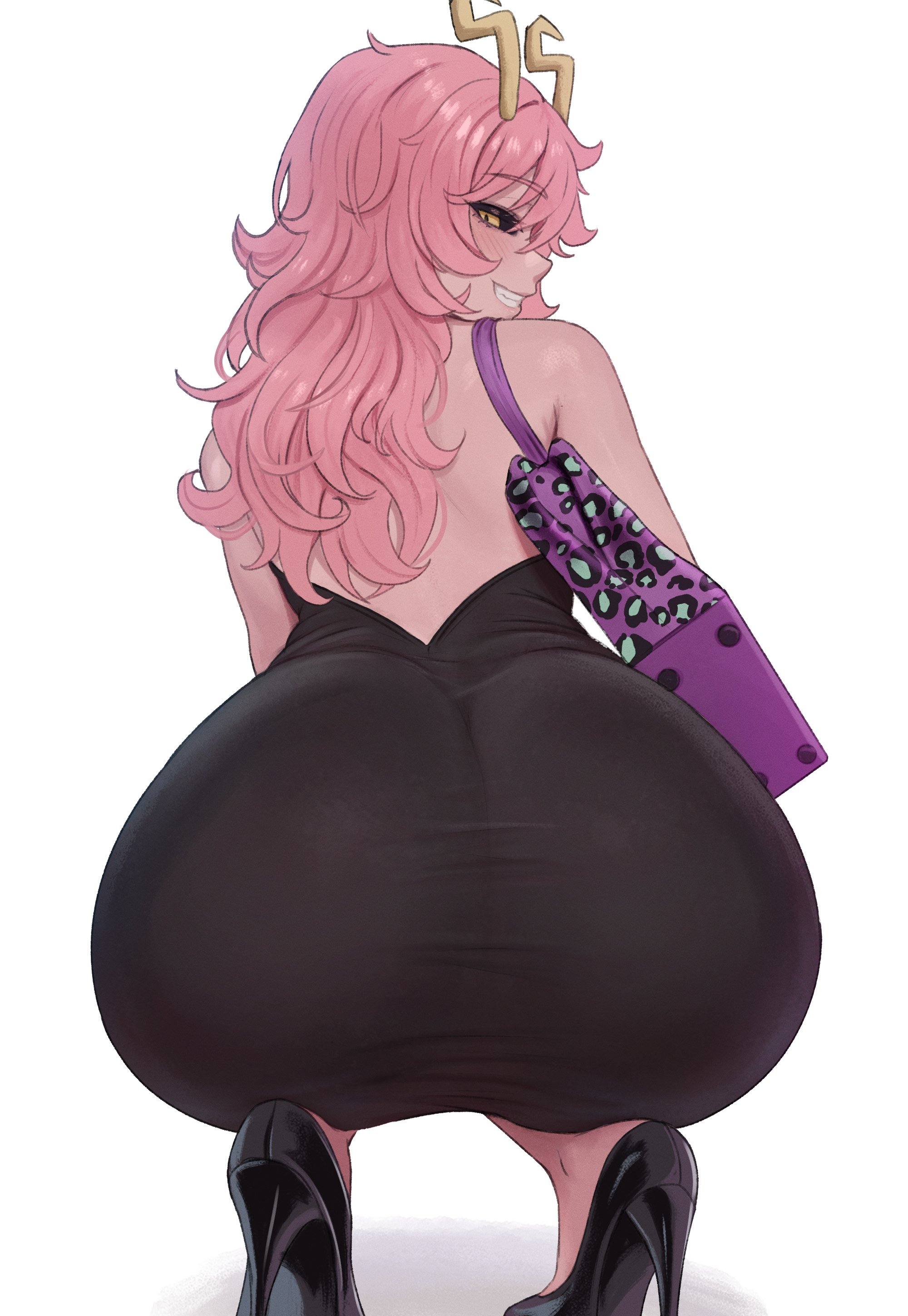 1girl, 1girls, absurdres, arms above head, arms up, ashido mina, ashido mina time-skip, ass, ass bigger than breasts, ass bigger than head, ass bigger than torso, ass focus, ass in dress, ass of the gods, back, back view, backless dress, backless outfit, barely contained, barely contained ass, beautiful, beautiful body, beauty, big ass, big breasts, black dress, black sclera, boku no hero academia, boku no hero academia (finale), breath, breath cloud, breathing, breathing heavily, brikot, bubble ass, bubble butt, butt, buttocks, cellulite, colored sclera, colored skin, curvaceous, curvaceous body, curvaceous female, curvaceous figure, curves, curvy, curvy body, curvy female, curvy figure, curvy hips, dat ass, dat butt, dress, enormous ass, enormous butt, enormous thighs, fat ass, fat butt, female, female focus, female only, gigantic ass, gigantic butt, gigantic thighs, gluteal fold, golden eyes, grin, handbag, heavenly ass, heavy ass, heavy butt, heels, high heels, highres, horns, hot, hourglass figure, huge ass, hyper ass, hyper butt, large ass, light particles, long hair, looking at viewer, looking back, majestic ass, massive ass, milf, mina ashido, mina ashido curvy (meme), mina ashido time-skip, my hero academia, my hero academia (finale), one-piece dress, pear-shaped figure, pekoot, pink body, pink hair, pink skin, pink-skinned female, post-timeskip, rear view, sexy, sexy body, shiny, shiny clothes, sleeveless, sleeveless dress, smile, solo, solo female, solo focus, standing, steam, steaming, steaming body, steamy, steamy breath, sweat, sweatdrop, sweaty, sweaty body, sweaty thighs, taut clothes, taut dress, thick, thick ass, thick butt, thick hips, thick thighs, tight clothes, tight clothing, tight dress, uncensored, unusual skin color, visible breath, voluptuous, voluptuous body, voluptuous female, white background, wide ass, wide butt, wide hips, yellow eyes, yellow horns