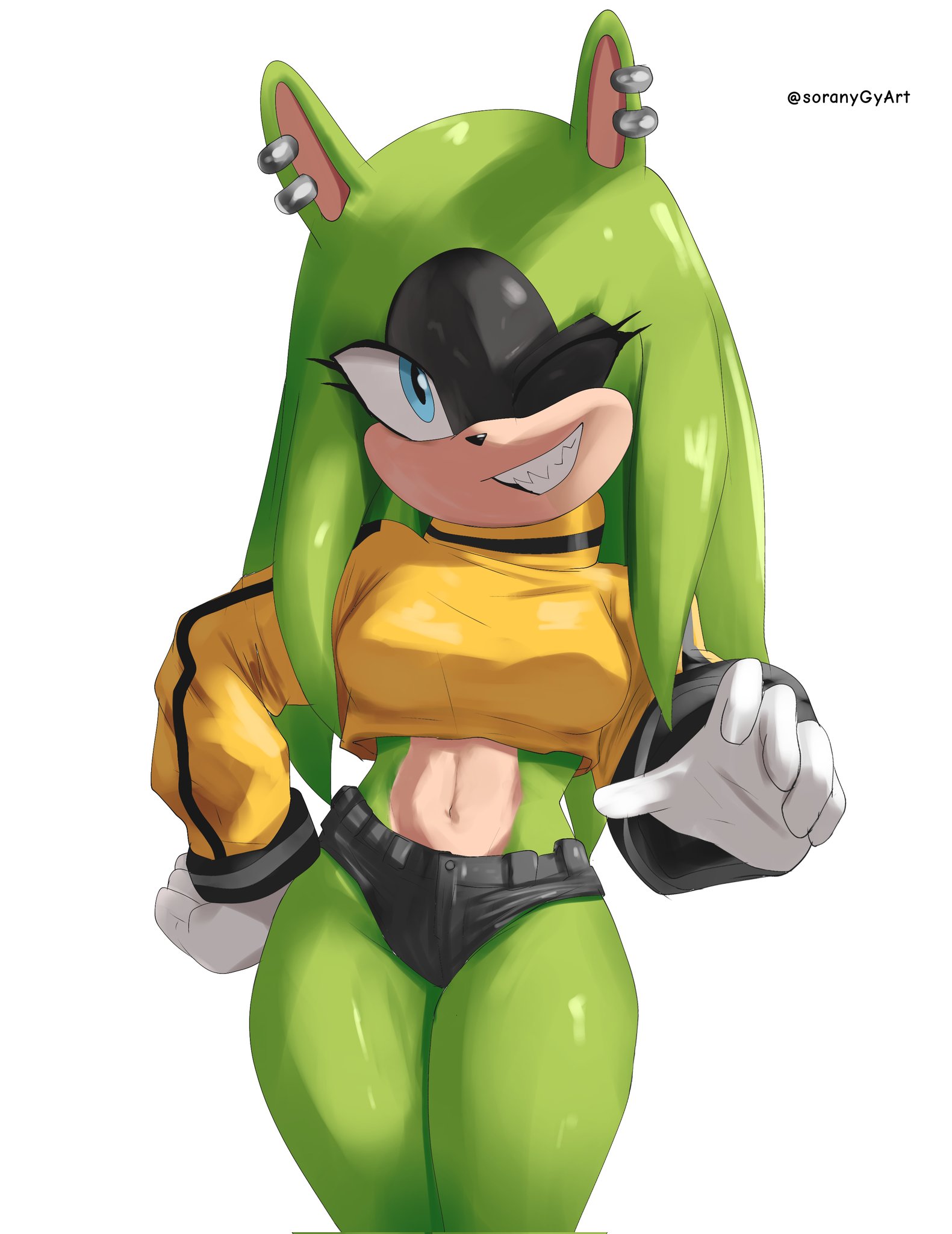anthro, blue eyes, female, female focus, female only, green body, green hair, long hair, looking at viewer, midriff, sharp teeth, short shorts, shorts, smile, smiling, smiling at viewer, sonic (series), sonic the hedgehog (idw), soranygy, surge the tenrec, tagme, tenrec, thick thighs, wink