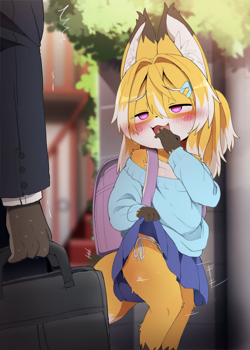 backpack, blue shirt, blue skirt, blush, blush lines, cub, dagasi, faceless male, flirting, flirting look, formal wear, furry, lifting shirt, lifting up shirt, little girl, offering sex, offering to another, original character, pink eyes, skirt, smug expression, smug face, suit, sweating, temptation, yellow fur, yellow hair, young, younger female