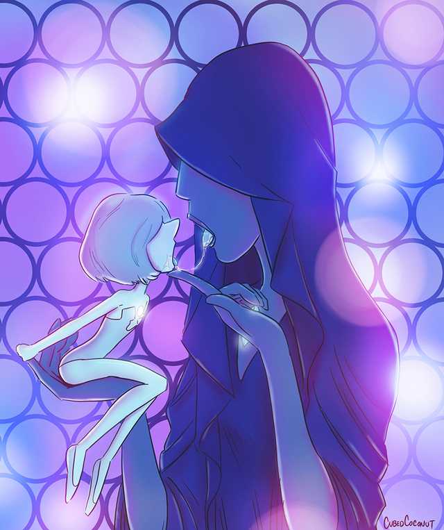 2girls, blue diamond (steven universe), blue pearl (steven universe), breaking kiss, cartoon network, cubedcoconut, diamond authority, female, female only, gem (species), giantess, larger female, multiple females, multiple girls, size difference, smaller female, spit, steven universe, yuri