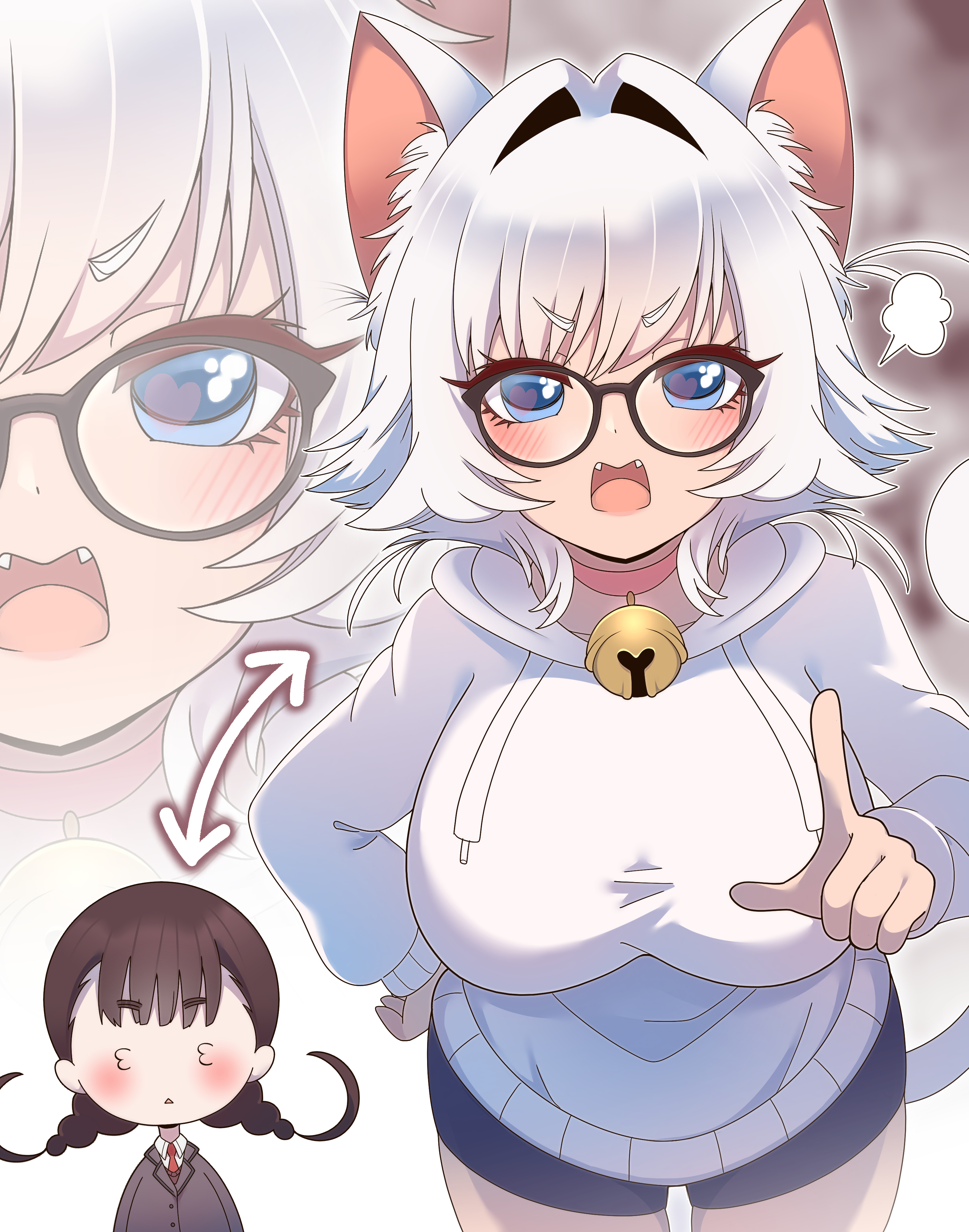 2girls, 3 3, absurdres, angry, animal ear fluff, animal ears, arrow (symbol), bell, bespectacled, black-framed eyewear, blue eyes, blush, body switch, braid, breasts, brown hair, cat ears, cat girl, cat tail, chibi, chibi inset, collar, commentary request, drawstring, english commentary, erigo, erigod71, fangs, glasses, hair intakes, hand on own hip, heart, heart in eye, highres, hood, hood down, hoodie, iin chiyo, index finger raised, jingle bell, kimi no koto ga dai dai dai dai daisuki na 100-nin no kanojo, large breasts, leaning forward, long sleeves, looking at viewer, mixed-language commentary, multiple girls, neck bell, nekonari tama, open mouth, personality switch, pink collar, puff of air, symbol in eye, tail, triangle mouth, twin braids, v-shaped eyebrows, white hair, white hoodie, zoom layer