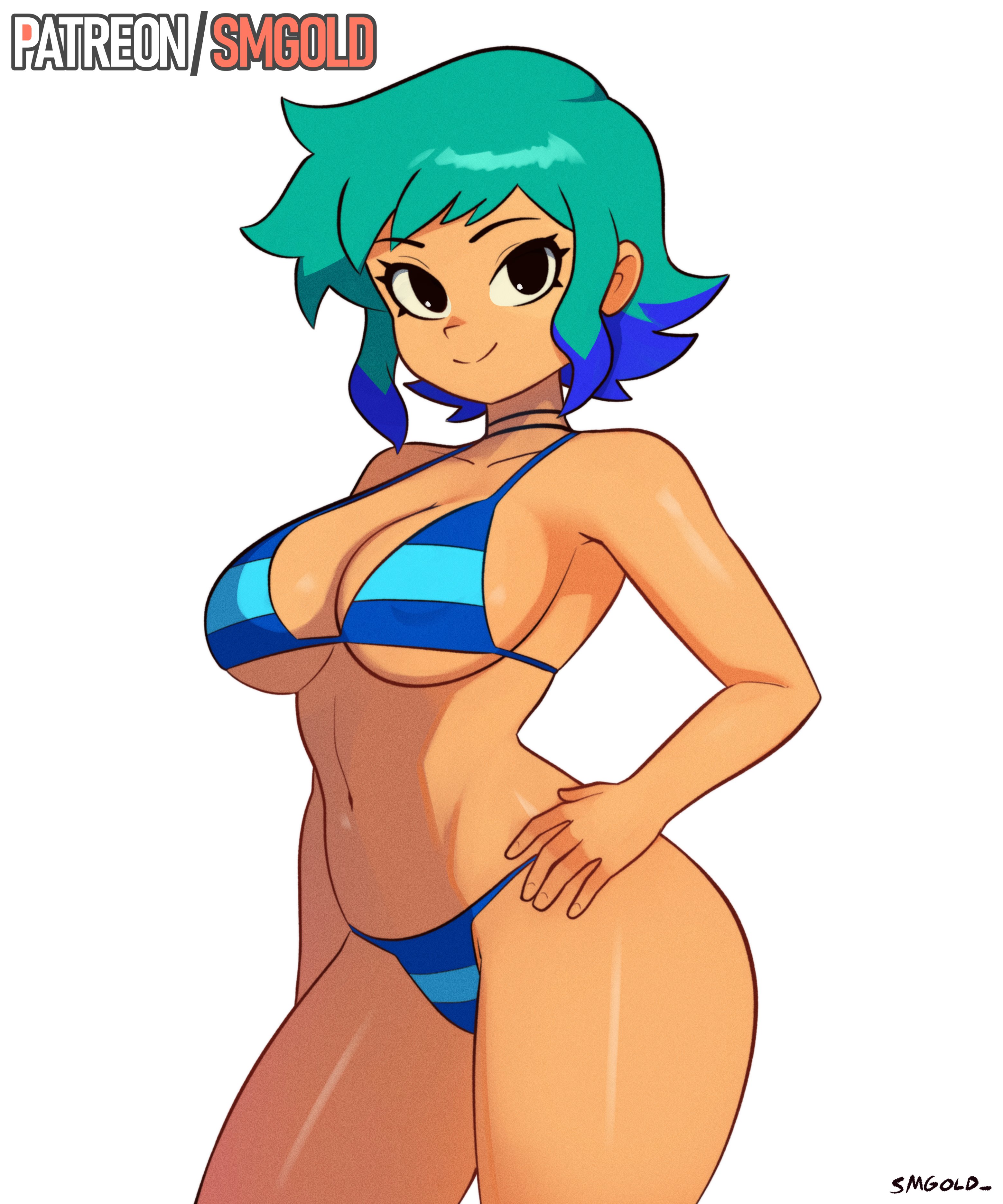 bikini, black eyes, blue bikini, blue hair, breasts, choker, hand on hip, looking at viewer, navel, no irises, ramona flowers, scott pilgrim, short hair, slim waist, smgold, tagme, tan skin, tan-skinned female, thick thighs, turquoise hair, two tone hair, voluptuous, wide hips