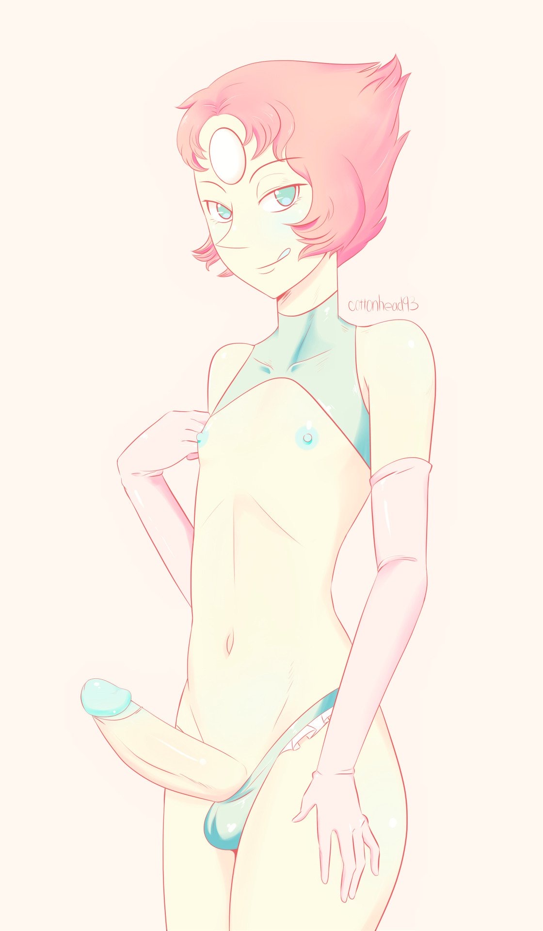 animal genitalia, animal penis, cottonhead93, flat chest, flat chested, futa only, futanari, intersex, large penis, panties, panties aside, pearl (steven universe), penis, solo futa, steven universe