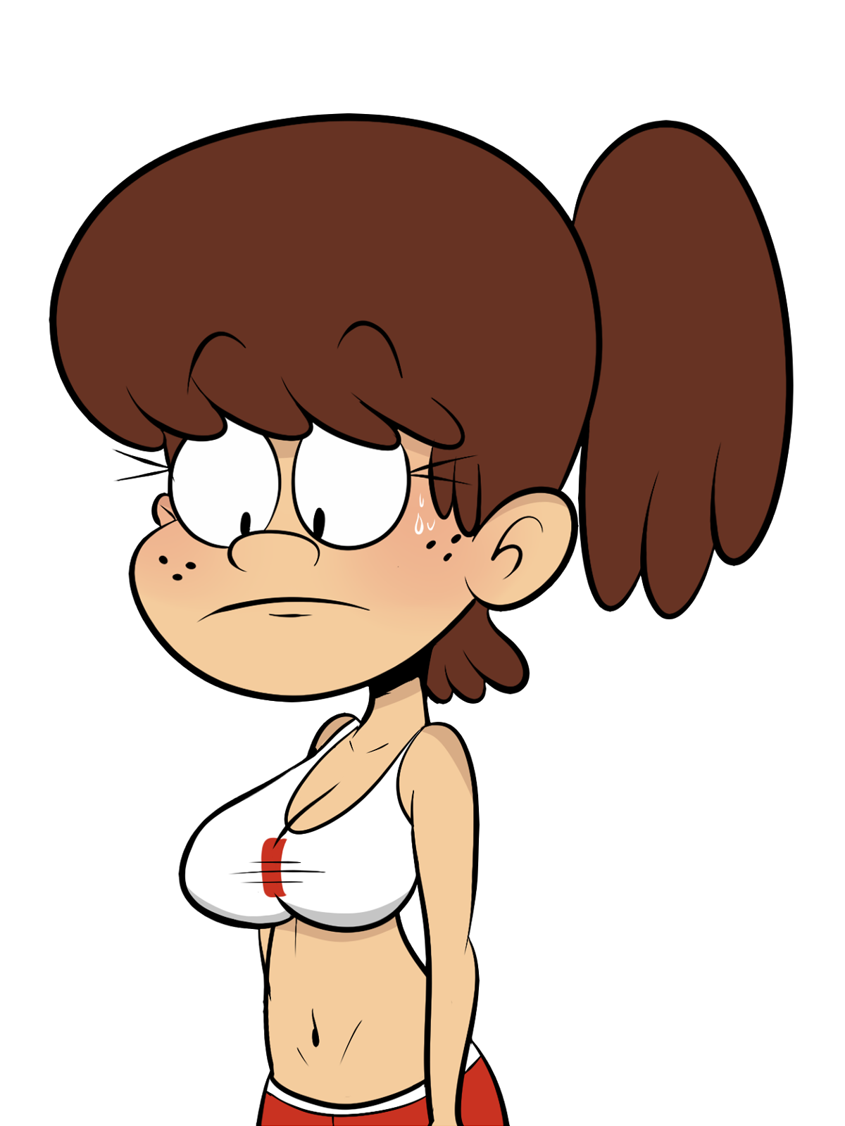 1girls, big breasts, blush, breasts, brown hair, busty, female, large breasts, looking down, lynn loud, midriff, navel, ponytail, scobionicle99, shorts, solo, sports bra, sportswear, straight hair, sweating, the loud house
