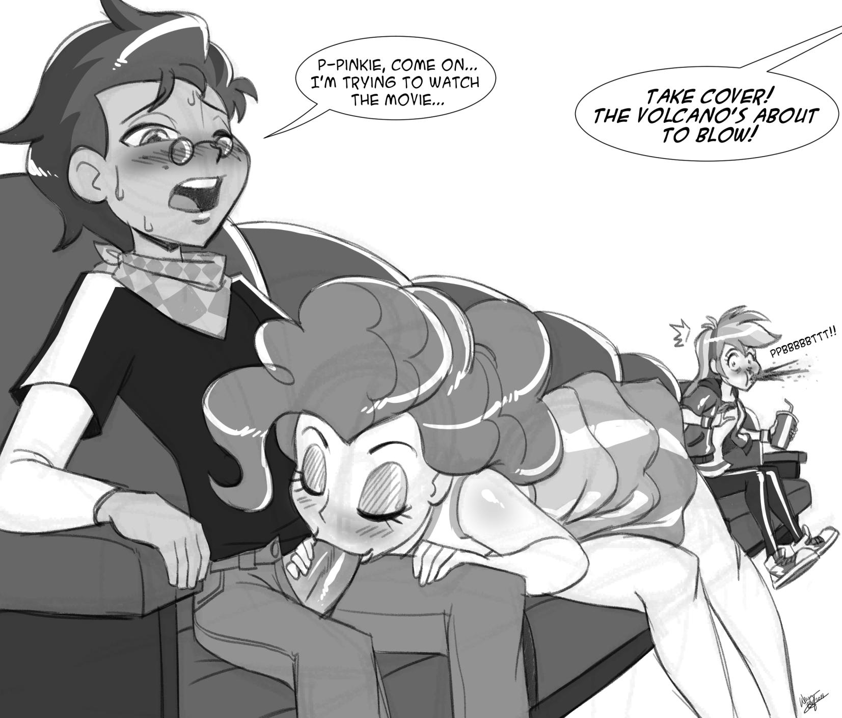 1boy, 2girls, aeolus06, bent over, blowjob, blush, caught in the act, closed eyes, clothed, clothing, commission, cuckquean, dialogue, equestria girls, eyelashes, fellatio, female, friendship is magic, glasses, male, monochrome, movie theater, my little pony, oral, oral sex, original character, outercourse, pinkie pie (mlp), public, public sex, rainbow dash (mlp), shoes, sitting, sketch, soda, speech bubble, spitting, straight, straight hair, sweat, sweatdrop, sweating, talking, watching, watermark
