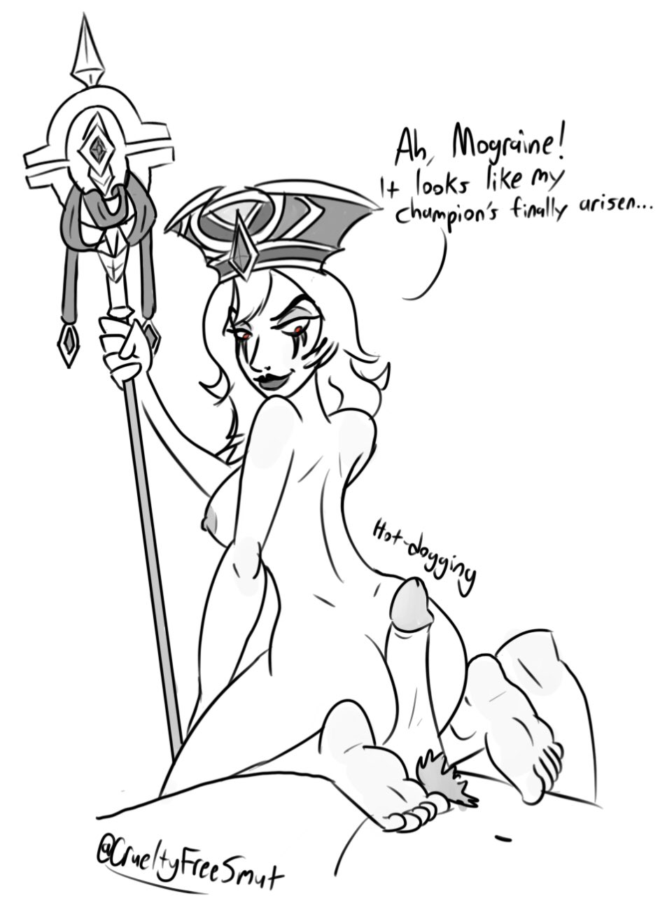 1boy 1girls black_and_white blizzard_entertainment buttjob crueltyfreesmut dialogue feet hat hot_dogging human human_paladin human_priest kinktober kinktober2019 monochrome paladin_(warcraft) penis priest_(warcraft) renault_mograine sally_whitemane scarlet_crusade smile staff text twitter_username warcraft white_hair world_of_warcraft