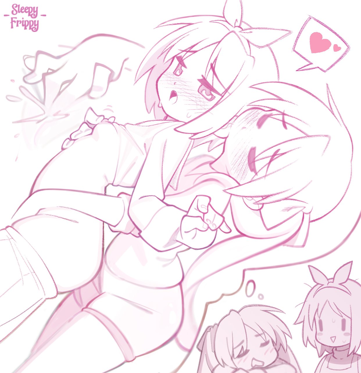 2girls, behind another, biting, biting ear, blush, bow, clenched hand, closed eyes, clothes lift, clothes pull, commentary, english commentary, female ejaculation, fingering, groping, hair bow, heart, highres, hiiragi kagami, hiiragi tsukasa, imagining, incest, kagami hiiragi, long hair, lucky star, moaning, monochrome, multiple girls, nipple stimulation, open mouth, pants, pants pull, parted bangs, pink theme, ponytail, shirt lift, short hair, shorts, siblings, signature, sisters, sleeping, sleepy frippy, spoken heart, sweat, tsukasa hiiragi, yuri