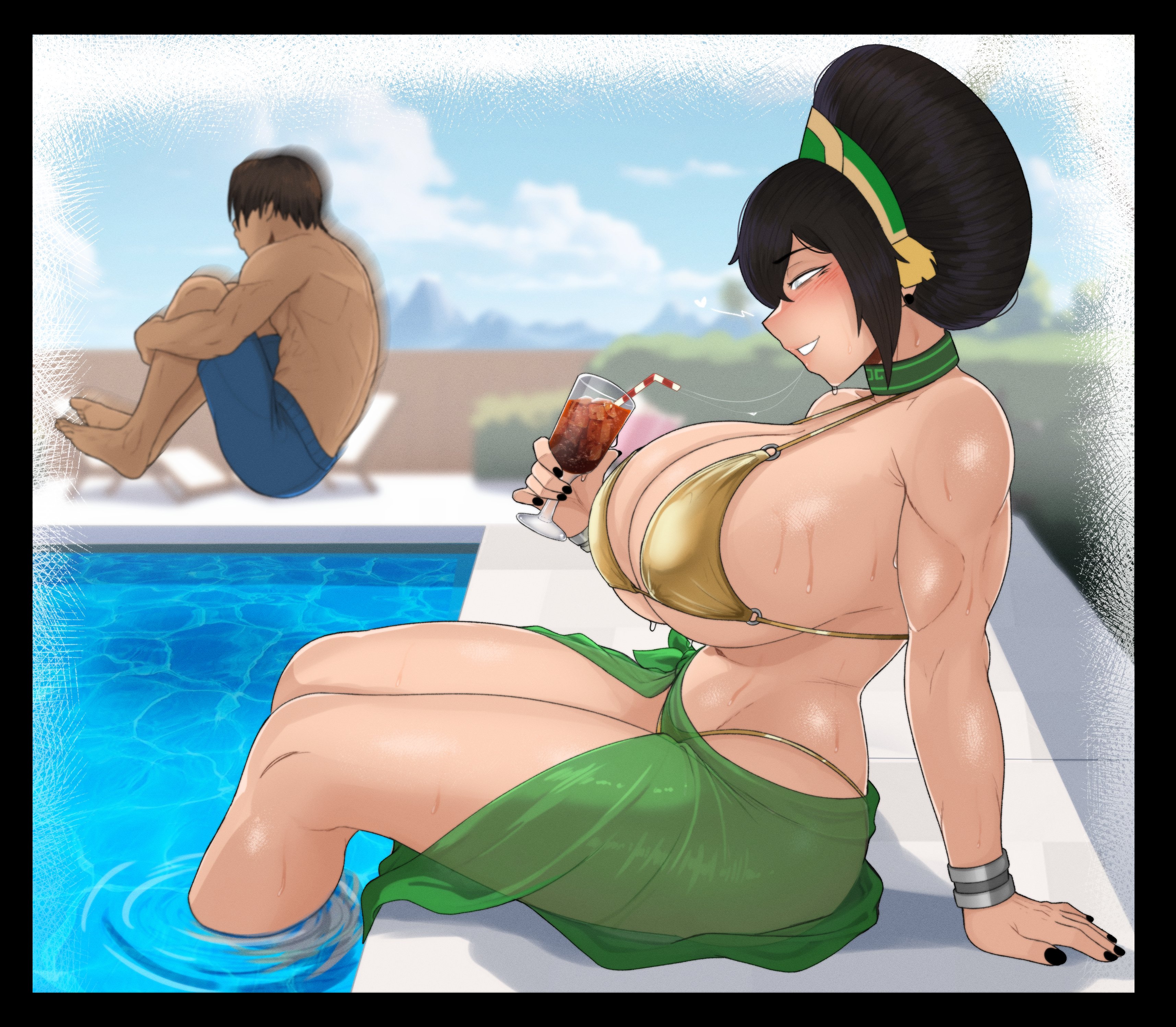 1boy, 1girls, asian, asian female, ass, avatar the last airbender, big ass, big breasts, big butt, big hips, big thighs, bikini, black hair, blush, blushing, breasts, brown hair, brunette, brunette male, butt, curvaceous, curvaceous body, curvaceous female, curvaceous figure, curvaceous hips, curvaceous thighs, curvy, curvy body, curvy female, curvy figure, curvy hips, curvy thighs, escriba, female, gigantic ass, gigantic breasts, gigantic butt, gigantic hips, gigantic thighs, golden bikini, golden week, hips, huge ass, huge breasts, huge butt, huge hips, huge thighs, male, male/female, massive ass, massive breasts, massive butt, massive hips, massive thighs, nickelodeon, pool, poolside, sokka, the legend of aang, thick thighs, thighs, toph bei fong, voluptuous, voluptuous body, voluptuous female, wide hips, wide thighs