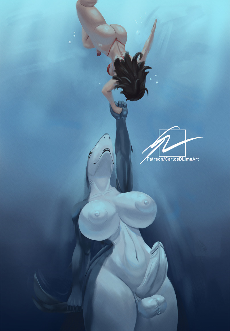 2futas, anthro, carlosdlimaart, duo, futa only, futanari, huge ass, imminent rape, jaws (film), ocean, penis, shark, shark girl, shark tail, tagme, underwater
