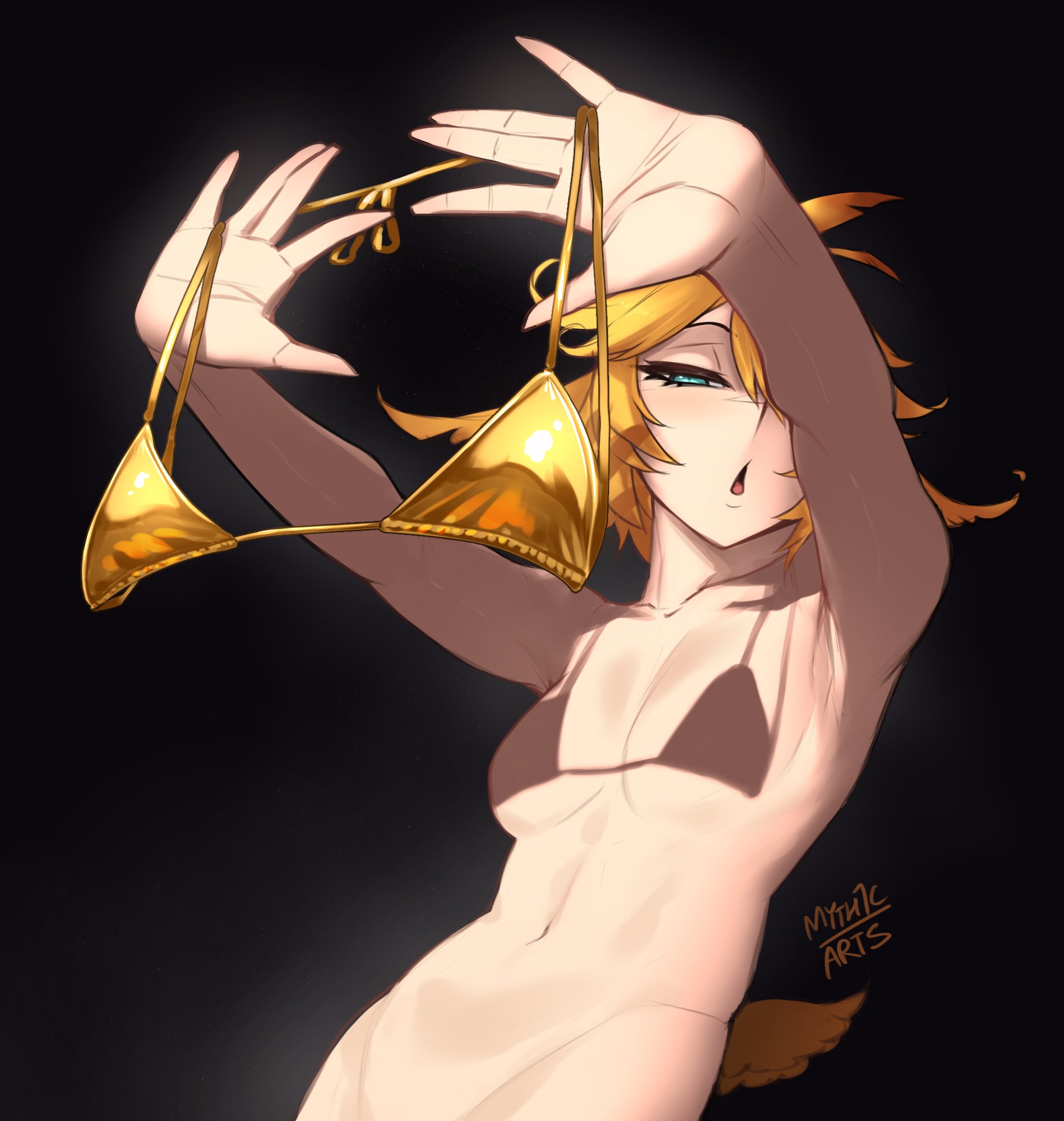 1girls, black background, blonde hair, bottomless, breasts, covered nipples, covering, dokibird, female only, gold bikini, golden bikini, golden bikini top, hair wings, head wings, holding, holding bikini top, holding clothing, holding object, holding topwear, light skin, light-skinned female, midriff, myth1c, myth1carts, navel, no nipples, nude, open mouth, seductive, shadow, virtual youtuber, vtuber, waist, yellow hair