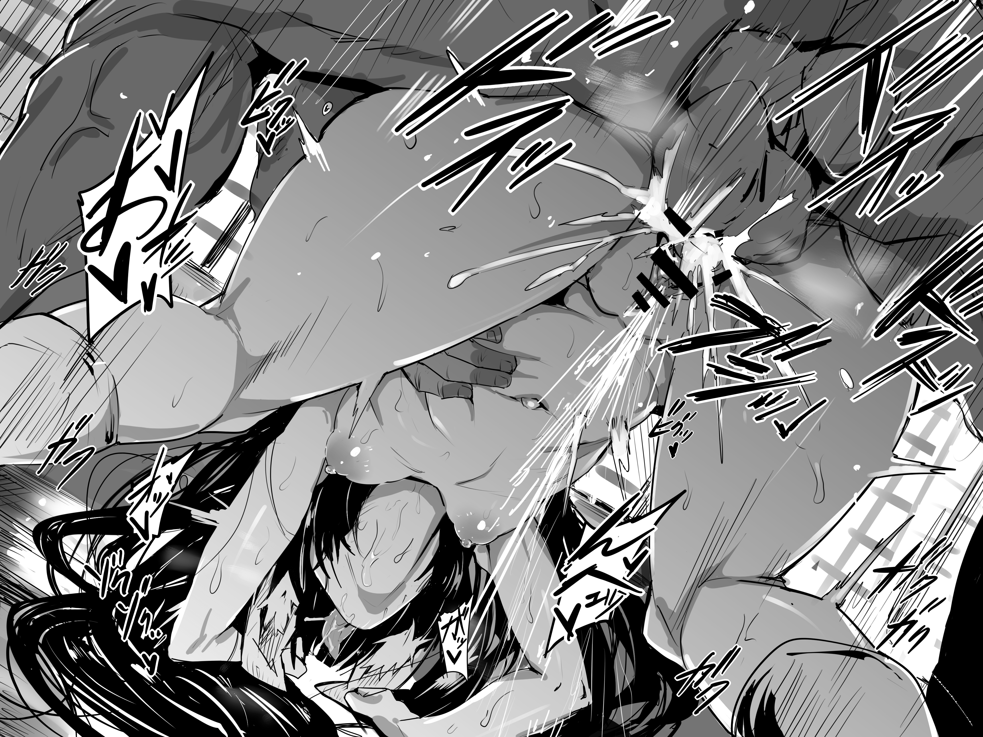 1boy, 1girls, absurdres, ahe gao, all fours, animal ear fluff, animal ears, azur lane, balls, bar censor, black hair, breasts, censored, cum, cum in pussy, dark skin, dark-skinned male, doggy style, drooling, drums (flavius dramus), female, female ejaculation, fox ears, greyscale, heart, highres, kneehighs, light skin, light-skinned female, long hair, male, messy hair, monochrome, nagato (azur lane), navel, nipples, nude, open mouth, orgasm, overflow, pussy, saliva, saliva trail, sex, small breasts, straight, sweat, testicles, tongue, tongue out, torso grab, trembling, vaginal penetration, very long hair