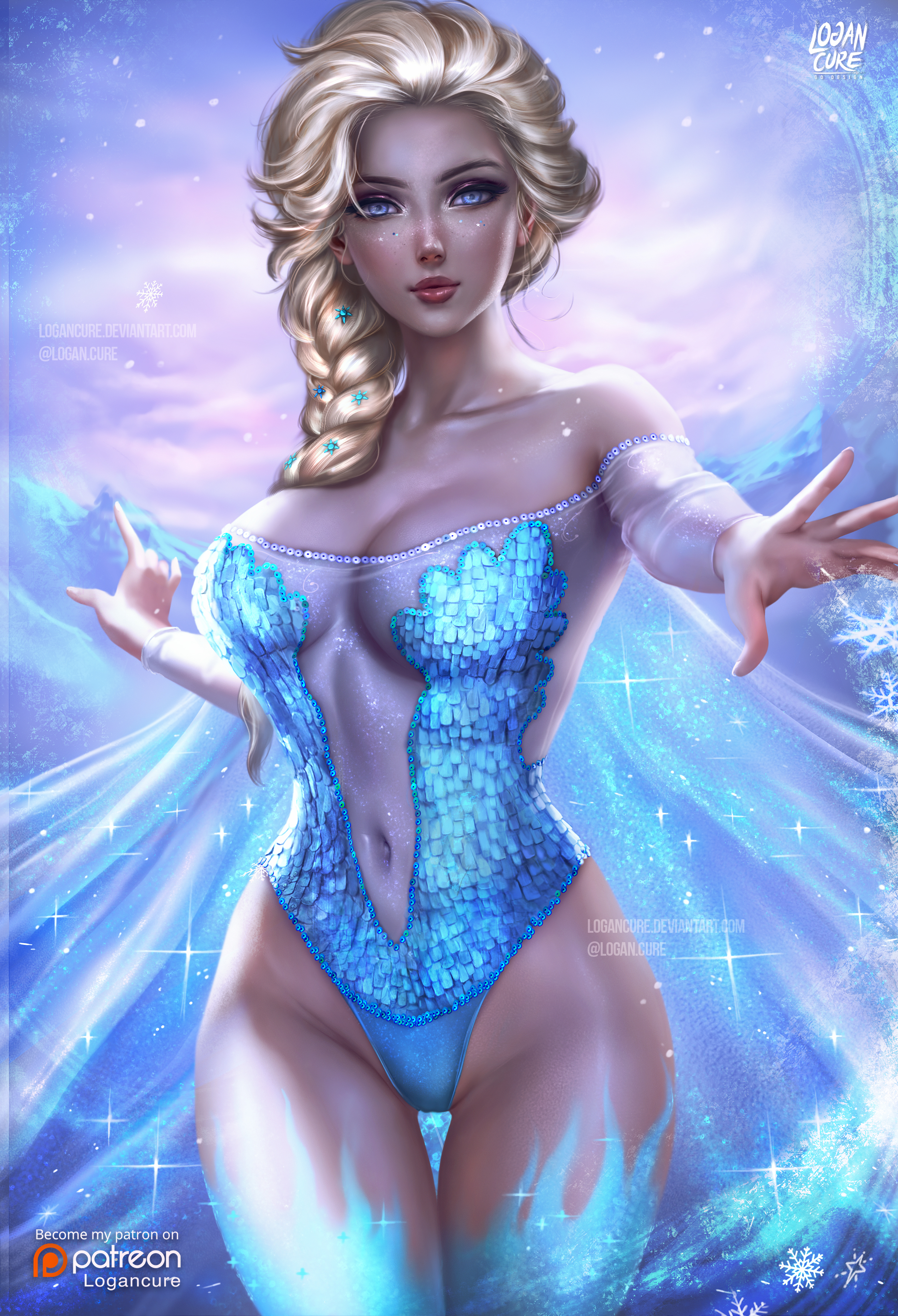 1girls, absurdres, breasts, cleavage, disney, elsa (frozen), female, female only, frozen (film), highres, large breasts, logan cure, looking at viewer, partially visible vulva, pussy, solo, thigh gap, wide hips