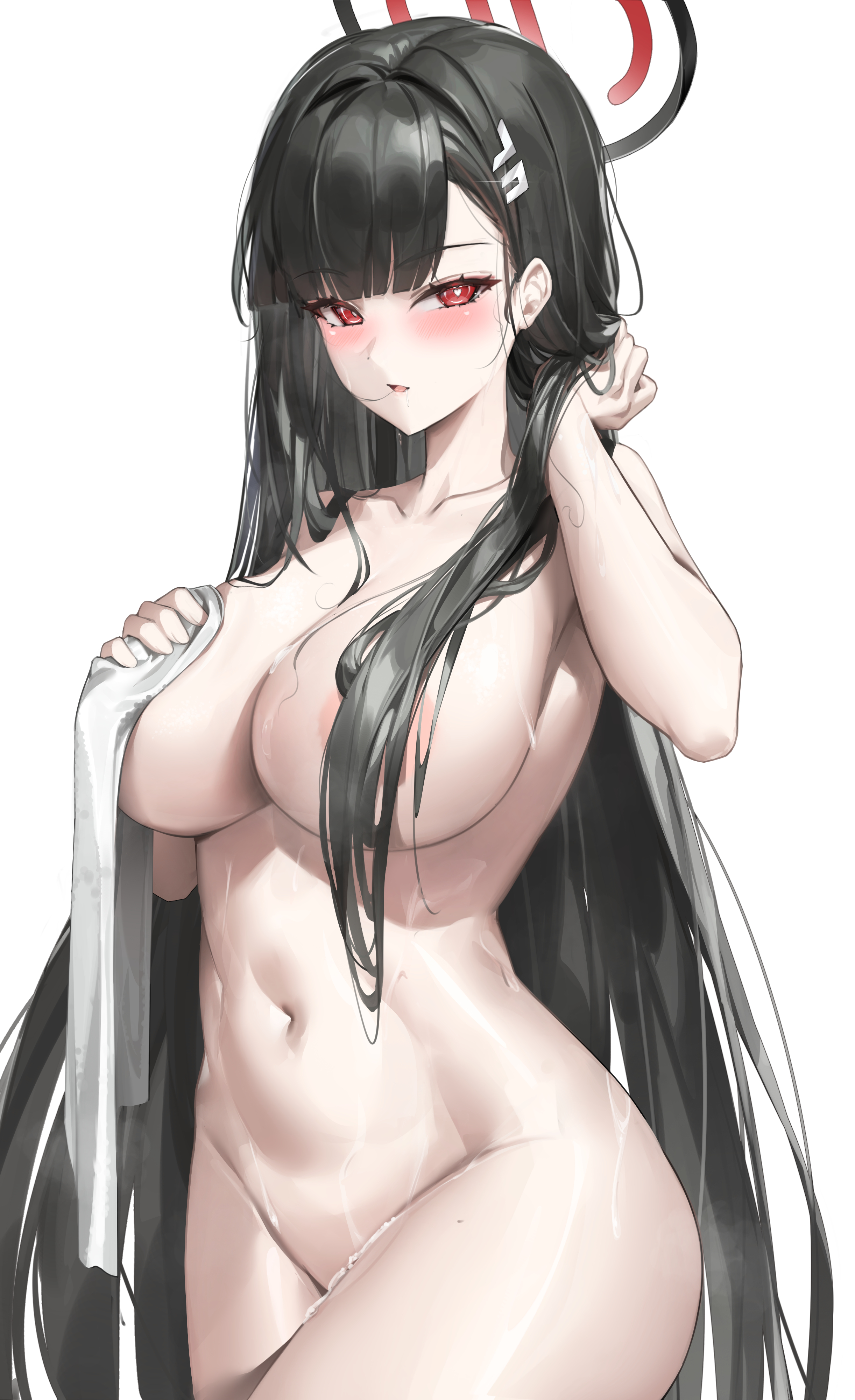 1girls, black and red halo, black hair, blue archive, breasts, female, hair covering breasts, halo, hi res, huge breasts, light skin, light-skinned female, long hair, millennium science school student, red eyes, rio (blue archive), samart, seminar (blue archive), seminar president, simple background, thick thighs, white pupils
