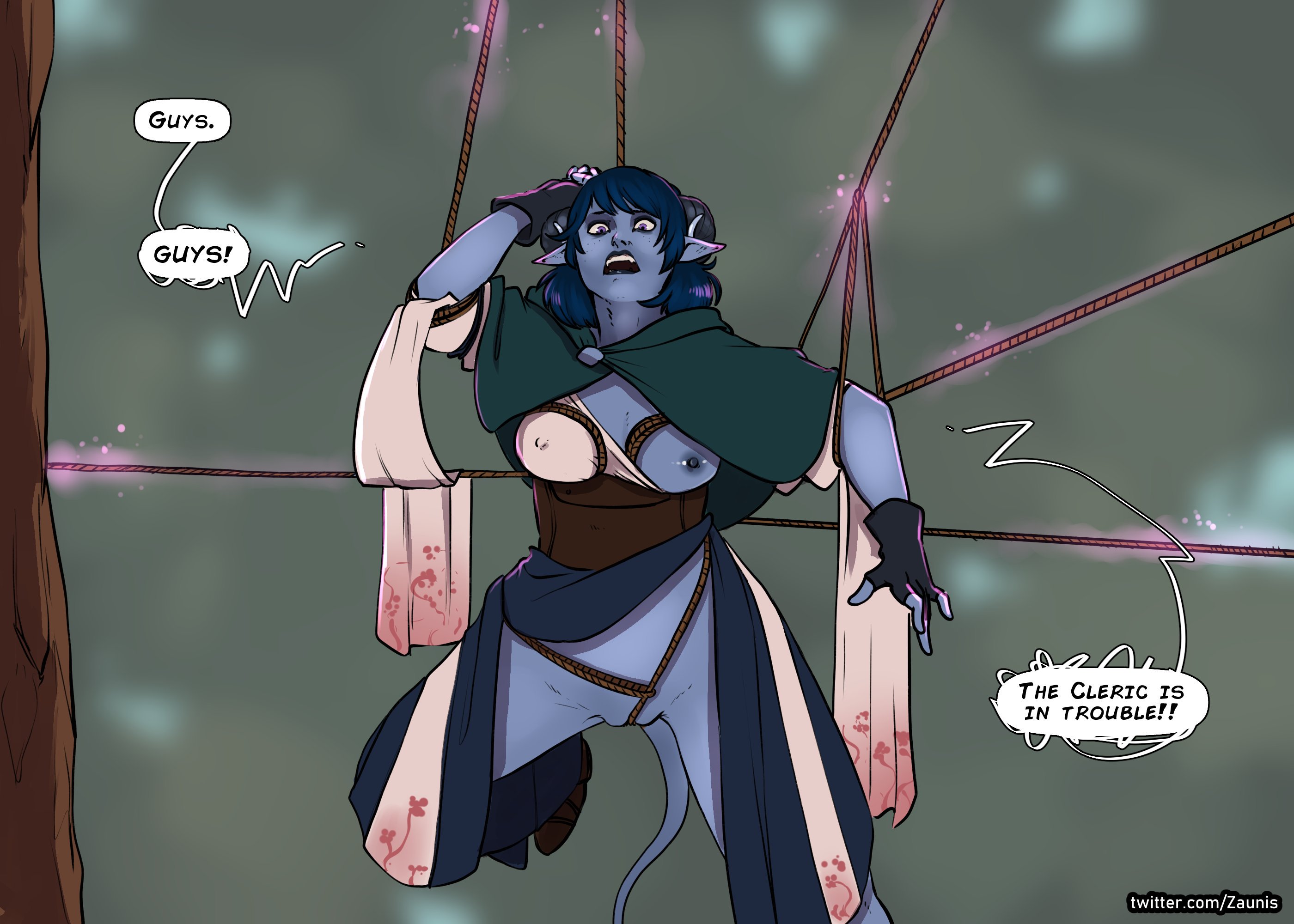 1girls, blue hair, blue skin, bondage, breasts, cleric, clothing, critical role, critical role: the mighty nein, demon, dungeons and dragons, exposed, exposed breasts, exposed pussy, female, gloves, half-dressed, horns, humanoid, jester lavorre, nipples, one breast out, open mouth, pointy ears, pussy, restrained, rope, rope bondage, rope in pussy, scared, shirt, shirt down, skirt, skirt lift, solo, spread legs, struggling, tail, tiefling, trapped, zaun-derground