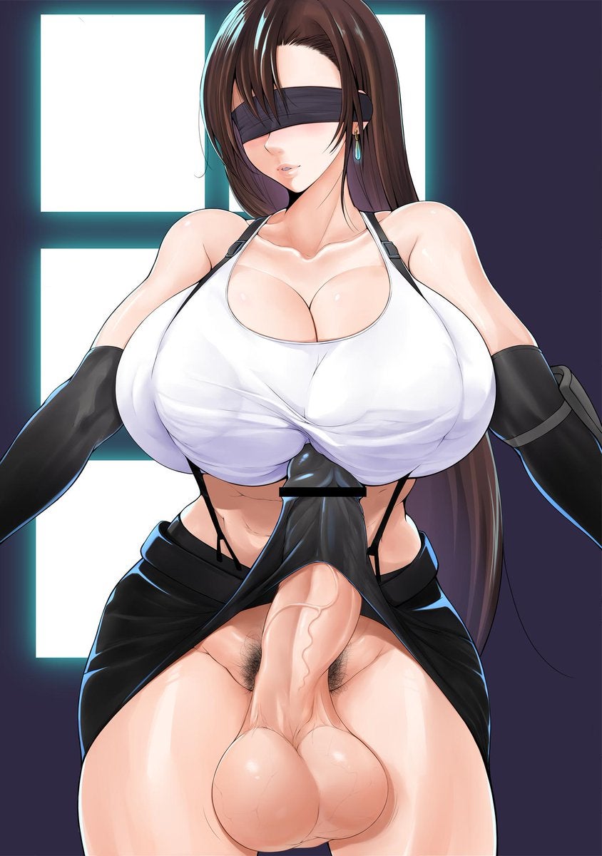 balls, big breasts, black hair, blindfold, blush, breasts, censored, cleavage, final fantasy, final fantasy vii, futa only, futanari, hiiaru, huge balls, huge breasts, huge cock, intersex, penis, pubic hair, solo futa, tagme, tifa lockhart