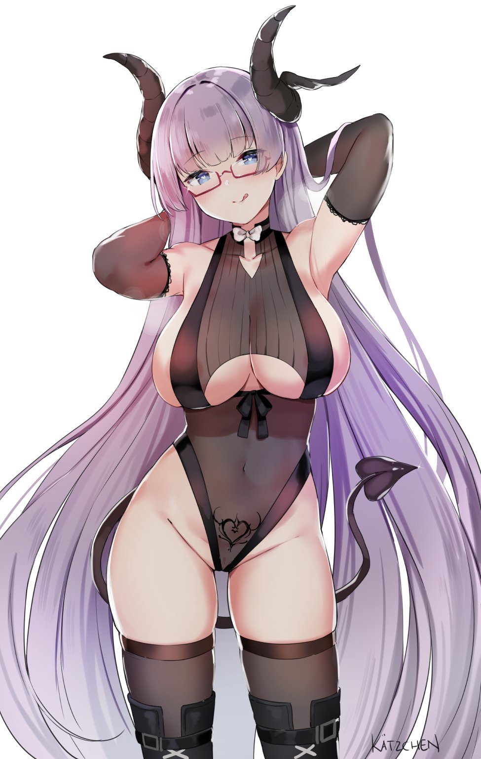 1girls :p alternate_costume areola_slip areolae arms_behind_head artist_name azur_lane bangs bare_shoulders black_footwear black_gloves black_legwear black_leotard blue_eyes blush boots breasts cleavage collarbone covered_navel demon_horns demon_tail elbow_gloves eyebrows_visible_through_hair female female_only glasses gloves gneisenau_(azur_lane) gneisenau_(nightmarish_succubus)_(azur_lane) halloween_costume head_tilt heart heart-shaped_pupils highres horns iron_blood_(azur_lane) kaetzchen large_breasts leotard light-skinned_female light_skin long_hair pubic_tattoo purple_hair rectangular_eyewear red-framed_eyewear see-through signature simple_background skindentation solo standing succubus succubus_tattoo symbol-shaped_pupils tail tattoo thigh_boots thighhighs tongue tongue_out underboob underboob_cutout very_long_hair white_background