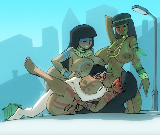 1boy, 3girls, bangs, big breasts, bigdad, black hair, bodypaint, breasts, dark skin, dark-skinned female, female, foursome, glasses, jewelry, long hair, male, missionary position, native american, original, public, sex, tagme, tribal tattoo