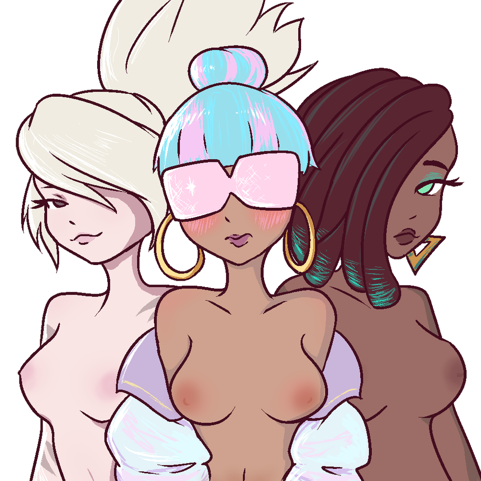 3girls akali areola areolae bangs blue_hair blush breasts brown_eyes brown_hair brown_skin dark_skin ear_piercing earrings eyeshadow eyewear female female_only hair_over_eye hair_over_one_eye hoop_earrings league_of_legends light_skin lips multicolored_hair multiple_females multiple_girls nipples pink-tinted_eyewear pink_hair puffy_nipples qiyana_yunalai senna_(league_of_legends) sunglasses tinted_eyewear true_damage_akali true_damage_qiyana true_damage_senna true_damage_series