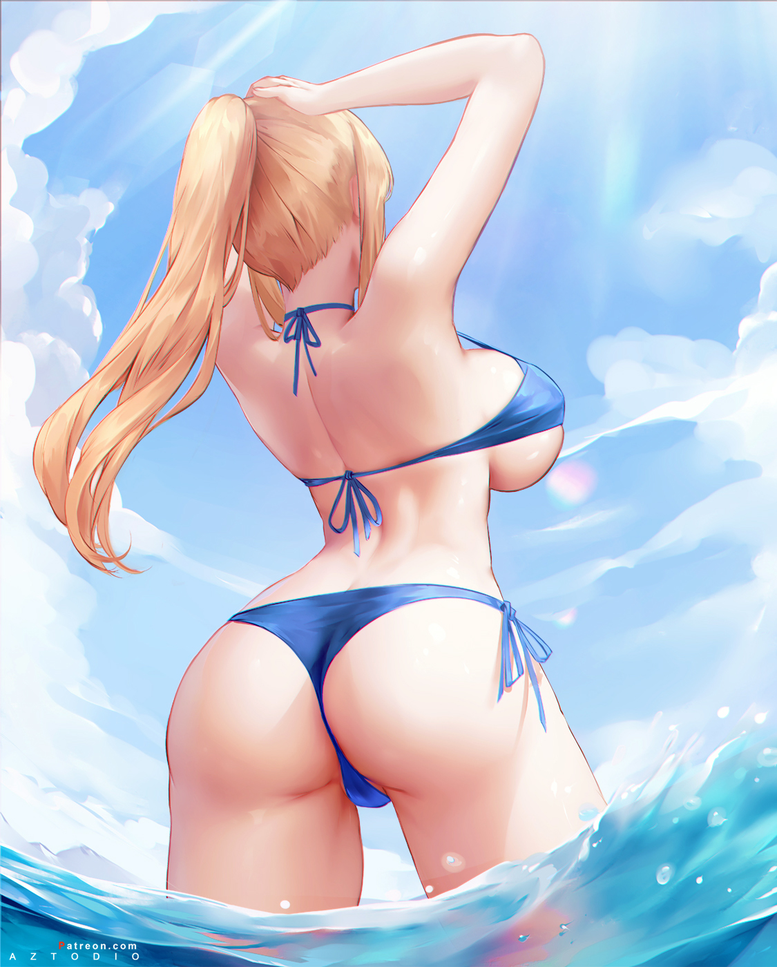 1girls, 2021, alternate breast size, arched back, arms above head, arms up, artist signature, ass, ass focus, azto dio, back, back view, backboob, bare arms, bare legs, beach, bikini, blonde hair, blue bikini, blue sky, breasts, daytime, female, female focus, female only, hips, huge ass, huge breasts, light-skinned female, long hair, long ponytail, metroid, nintendo, outdoors, ponytail, samus aran, side-tie bikini, sideboob, slim waist, solo, standing, stretching, sunlight, swimsuit, thick thighs, thighs, thong, thong bikini, underboob, water, wide hips