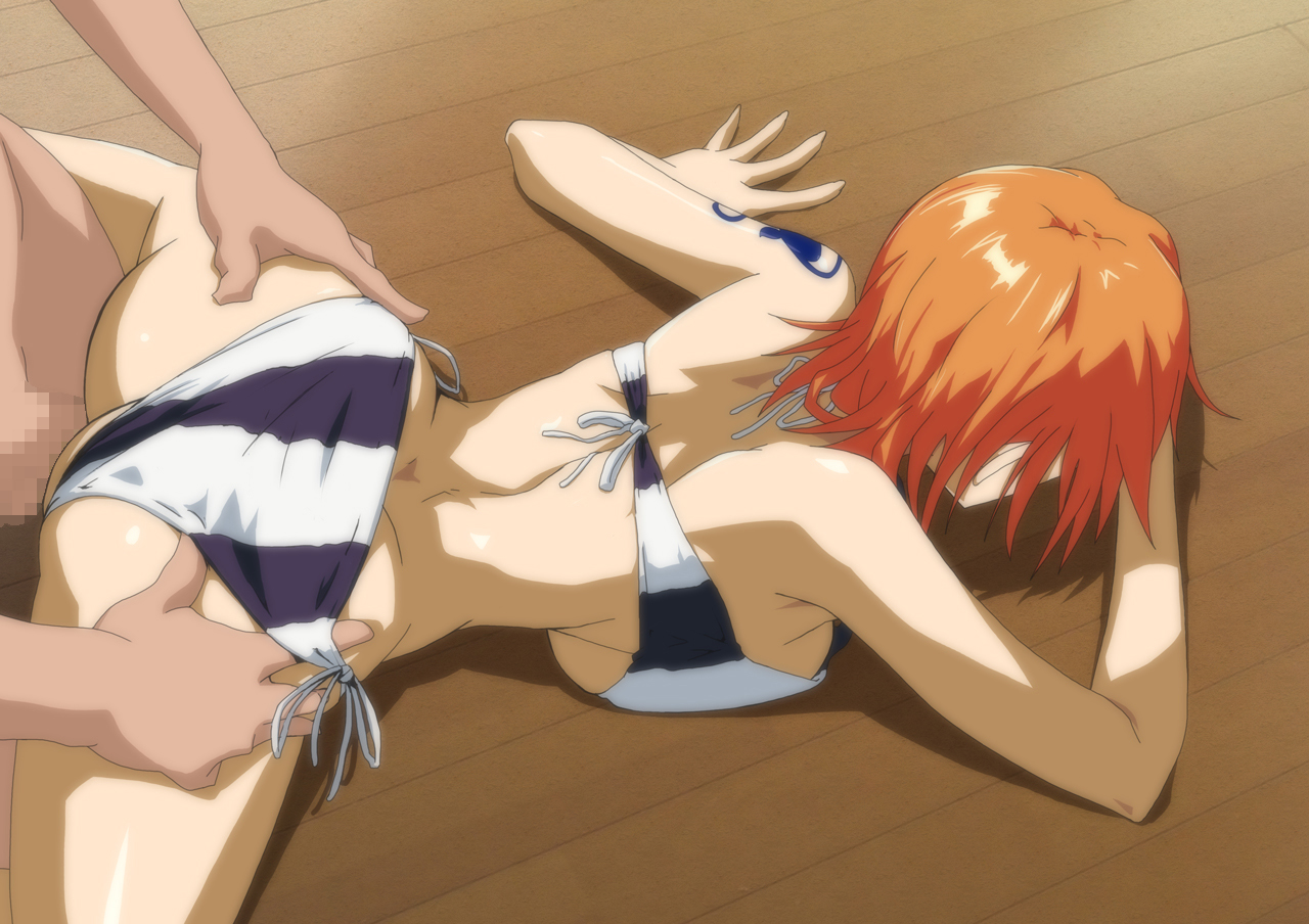 1boy, 1girls, ambiguous penetration, arm tattoo, ass, ass grab, big breasts, bikini, bikini aside, bikini bottom, bikini bottom aside, breasts, busty, censored, clothing, doggy style, female, female focus, from behind, from behind position, hourglass figure, kyabakurabakufu, large breasts, male, nami (one piece), on all fours, one piece, one piece film strong world, orange hair, orange-haired female, panties aside, penetration, red hair, short hair, sideboob, striped bikini, striped bikini bottom, striped bikini top, tagme, tattoo, wide hips