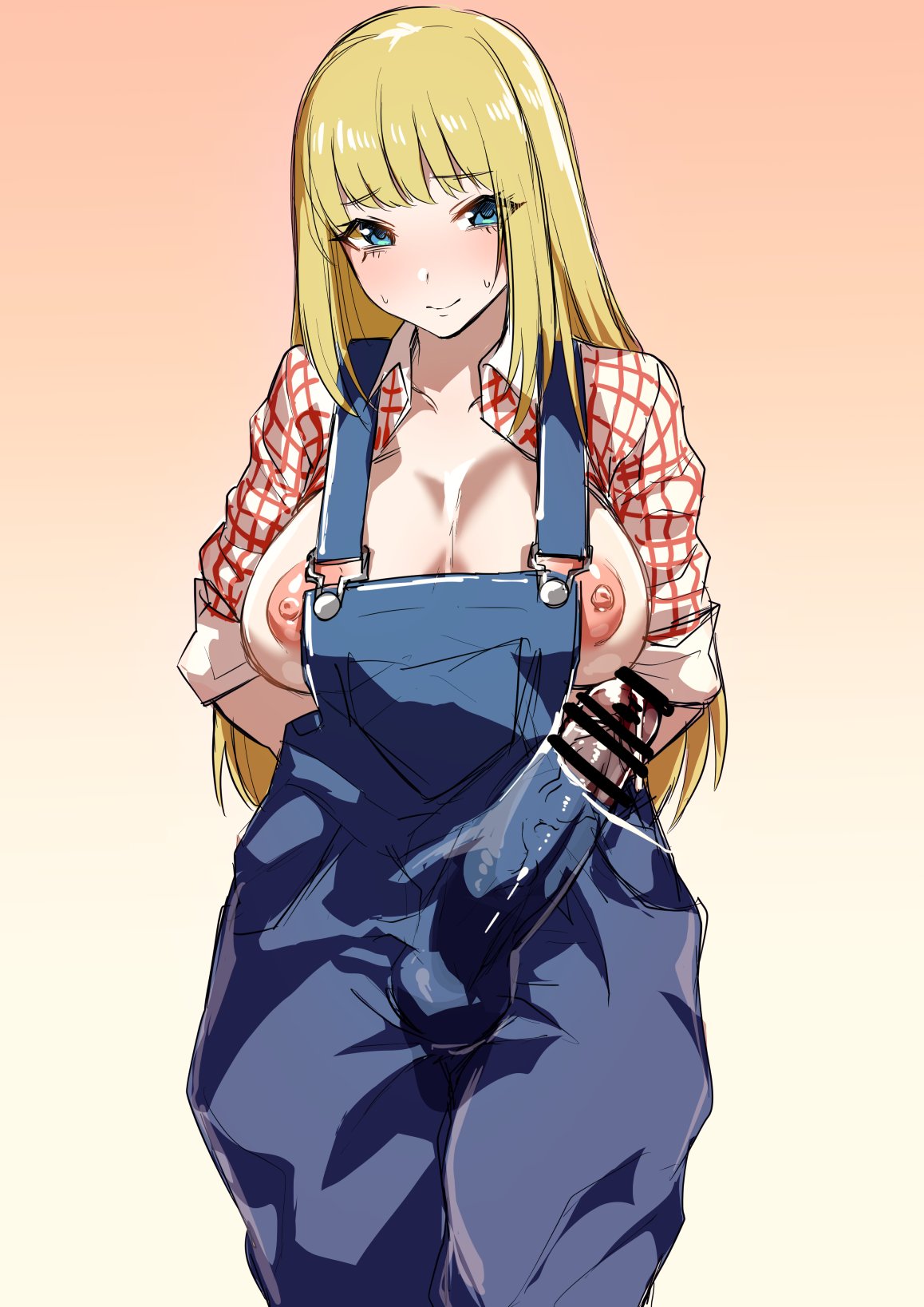 1futa arms_behind_back blonde_hair blue_eyes blush claire_(harvest_moon) cowboy_shot echigoya_takeru futa_only futanari harvest_moon highres intersex large_penis long_hair nipples open_clothes open_shirt penis precum simple_background sleeves_rolled_up solo