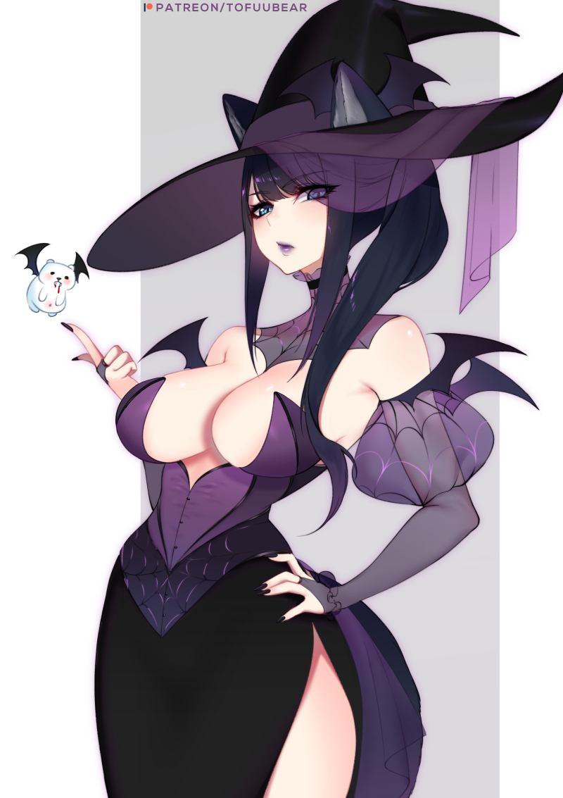 1girls, big breasts, black nails, breasts, cleavage, female, female only, hat, large breasts, lipstick, looking at viewer, nail polish, original, purple lipstick, reiko (tofuubear), solo, tofuubear, witch, witch hat